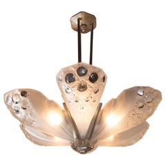 French Art Deco Nickelled Bronze 
Frosted Glass Chandelier Signed Muller Frères