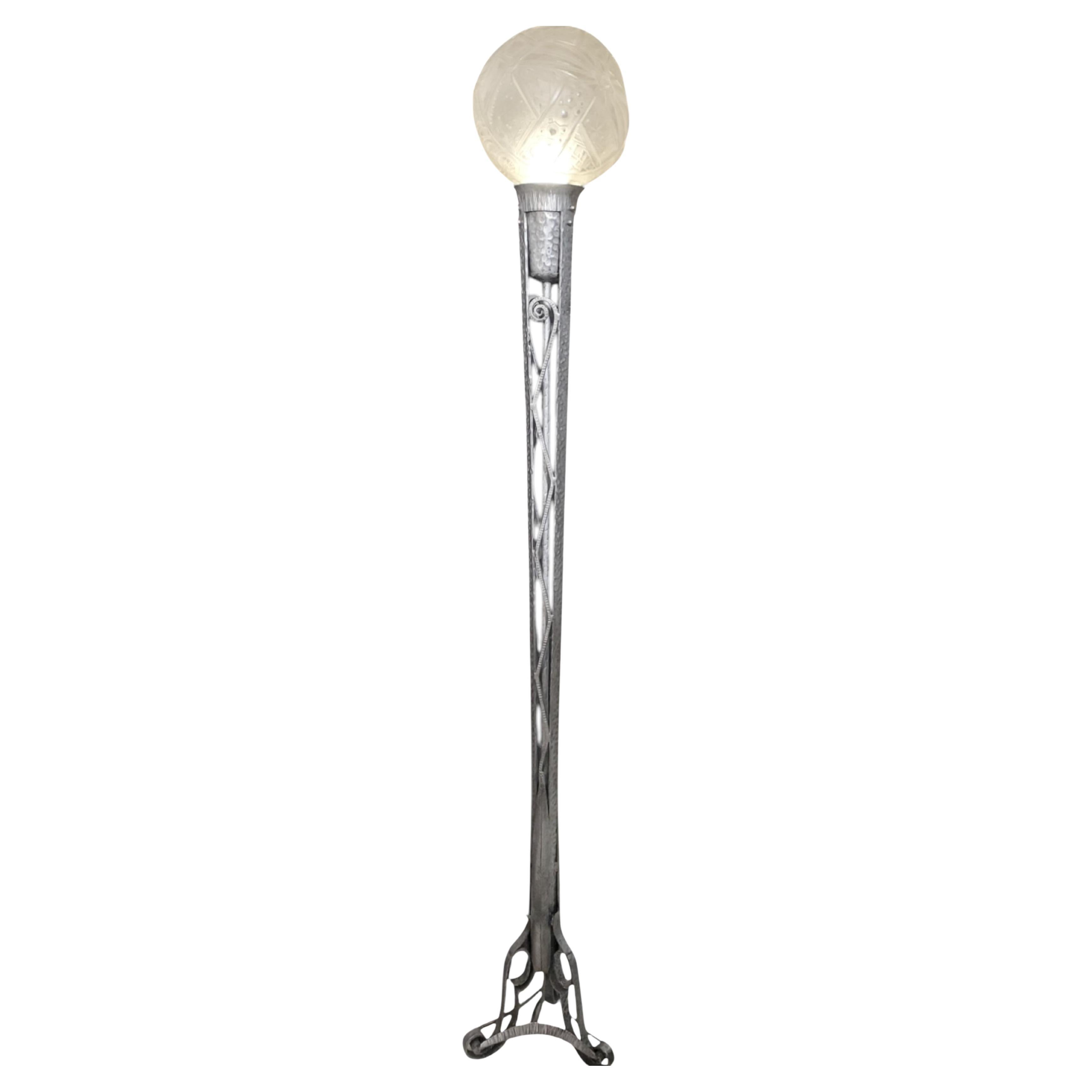 French Art Deco nickeled iron and art glass floor lamp signed Muller Freres 1930