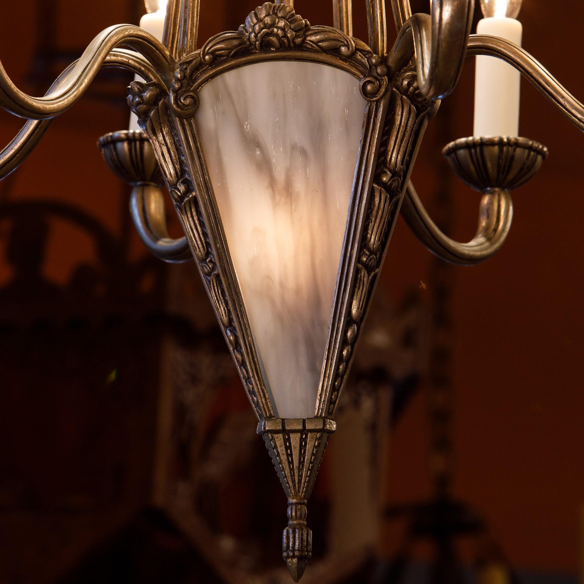Mid-20th Century French Art Deco Nickle over Bronze Chandelier with Art Glass Panels For Sale