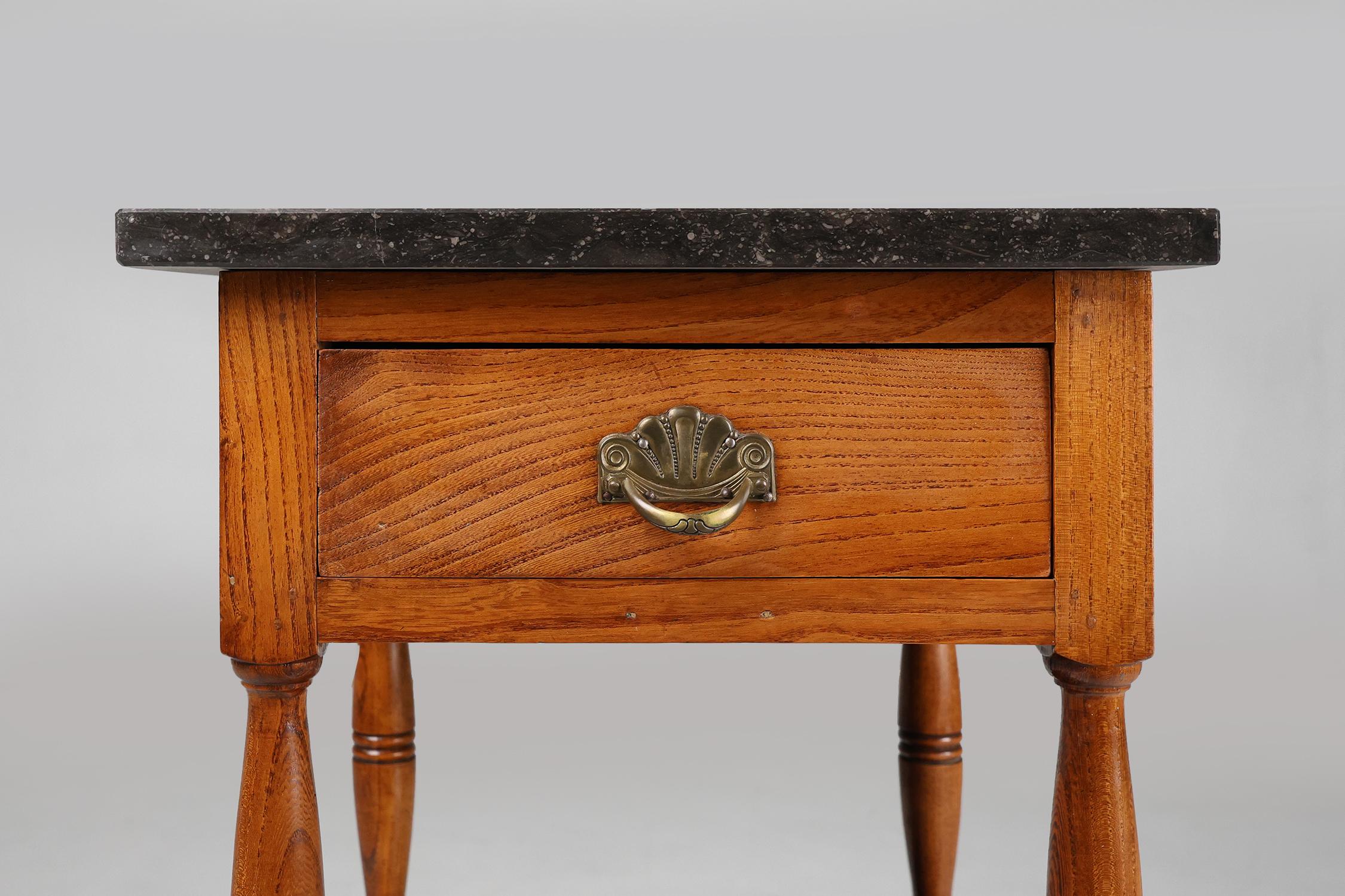 Hand-Carved French Art Deco Night Stand with blue stone top, ca. 1920 For Sale