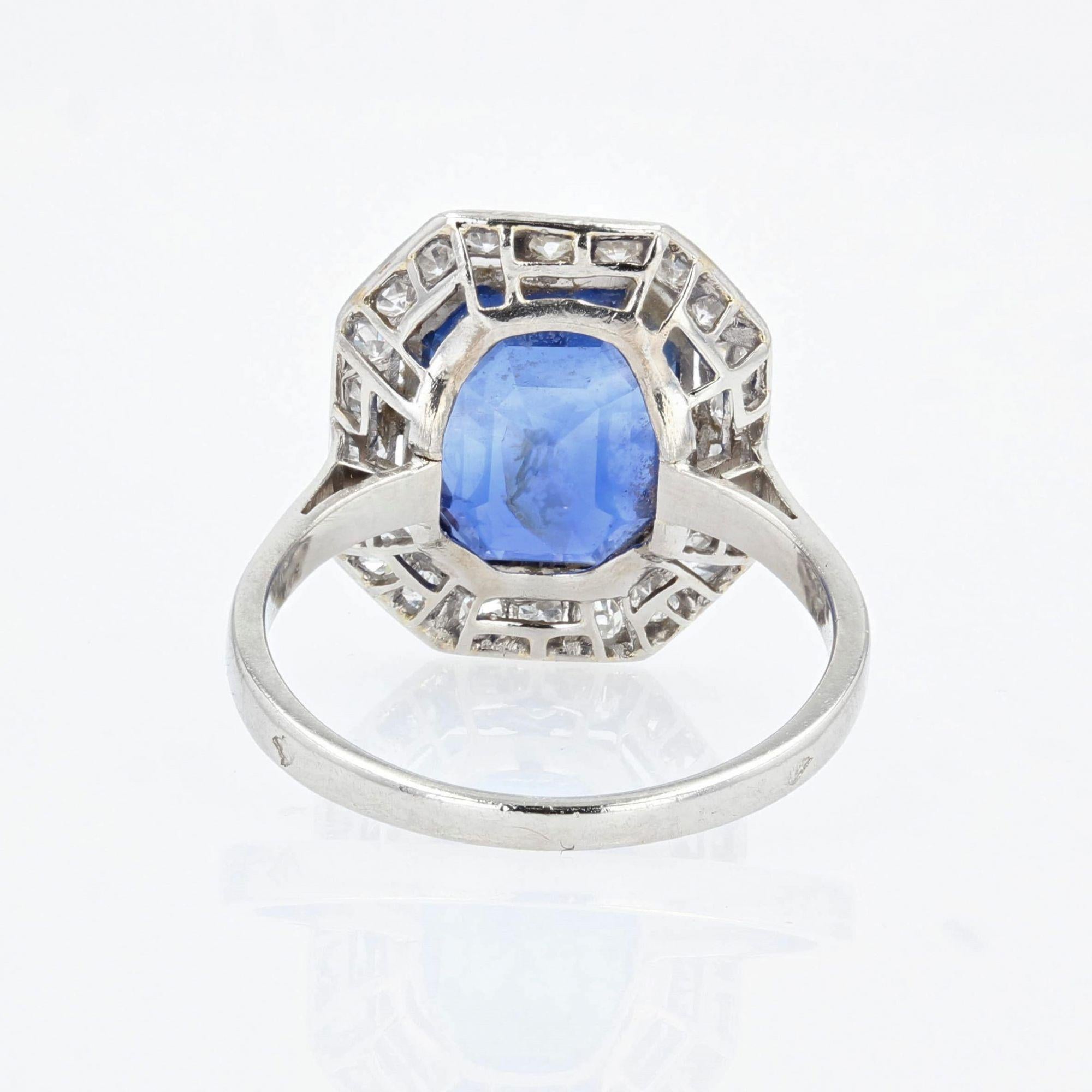 French Art Deco Certified No Heat Burmese Sapphire Diamonds Platinum Ring For Sale 4