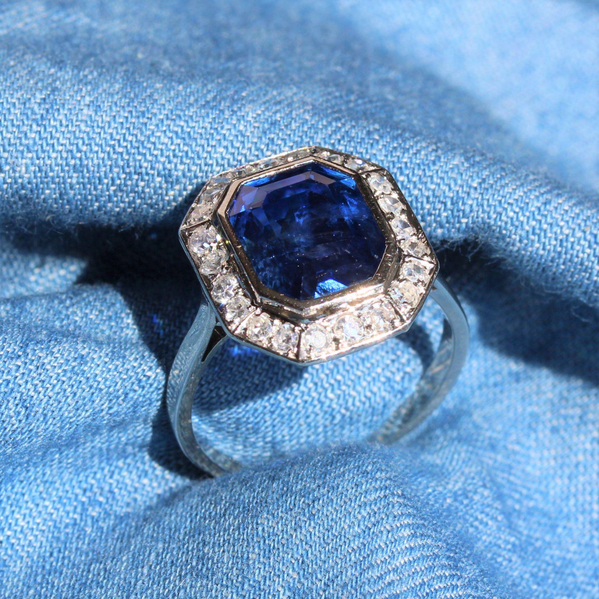 French Art Deco Certified No Heat Burmese Sapphire Diamonds Platinum Ring For Sale 6