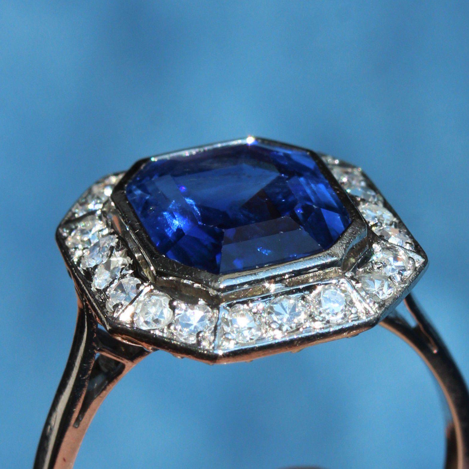 French Art Deco Certified No Heat Burmese Sapphire Diamonds Platinum Ring For Sale 7