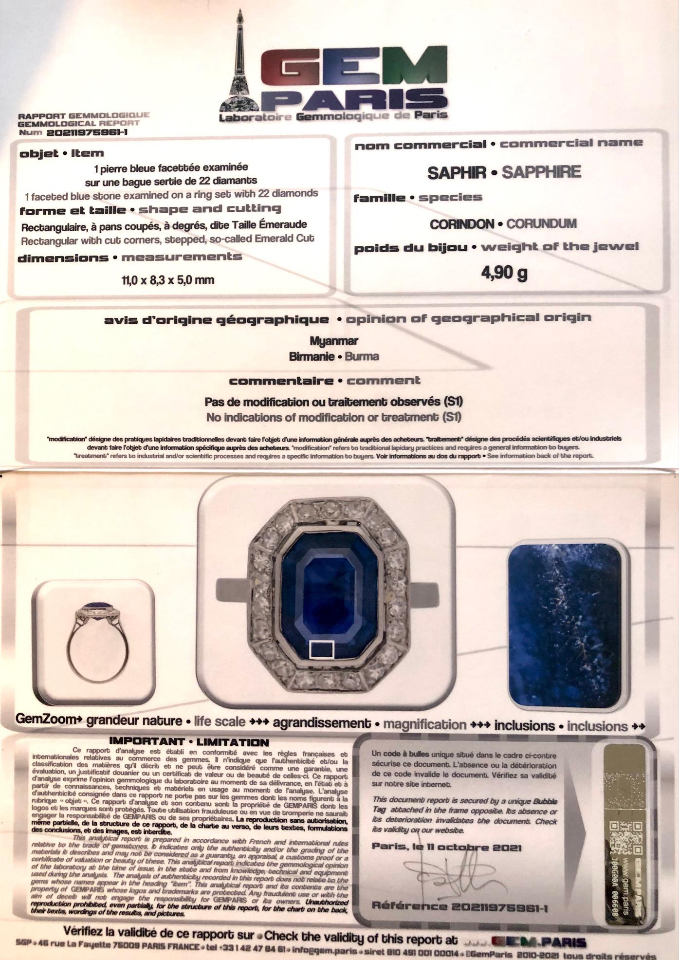 French Art Deco Certified No Heat Burmese Sapphire Diamonds Platinum Ring For Sale 8