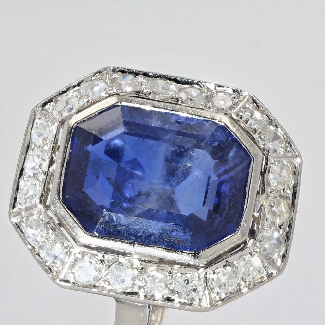 Women's French Art Deco Certified No Heat Burmese Sapphire Diamonds Platinum Ring For Sale