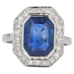 French Art Deco No Heat Natural Burmese Sapphire Diamonds Platinum Ring