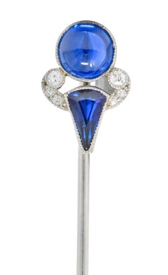 French Art Deco No Heat Pailin Sapphire Diamond Platinum Stickpin GIA