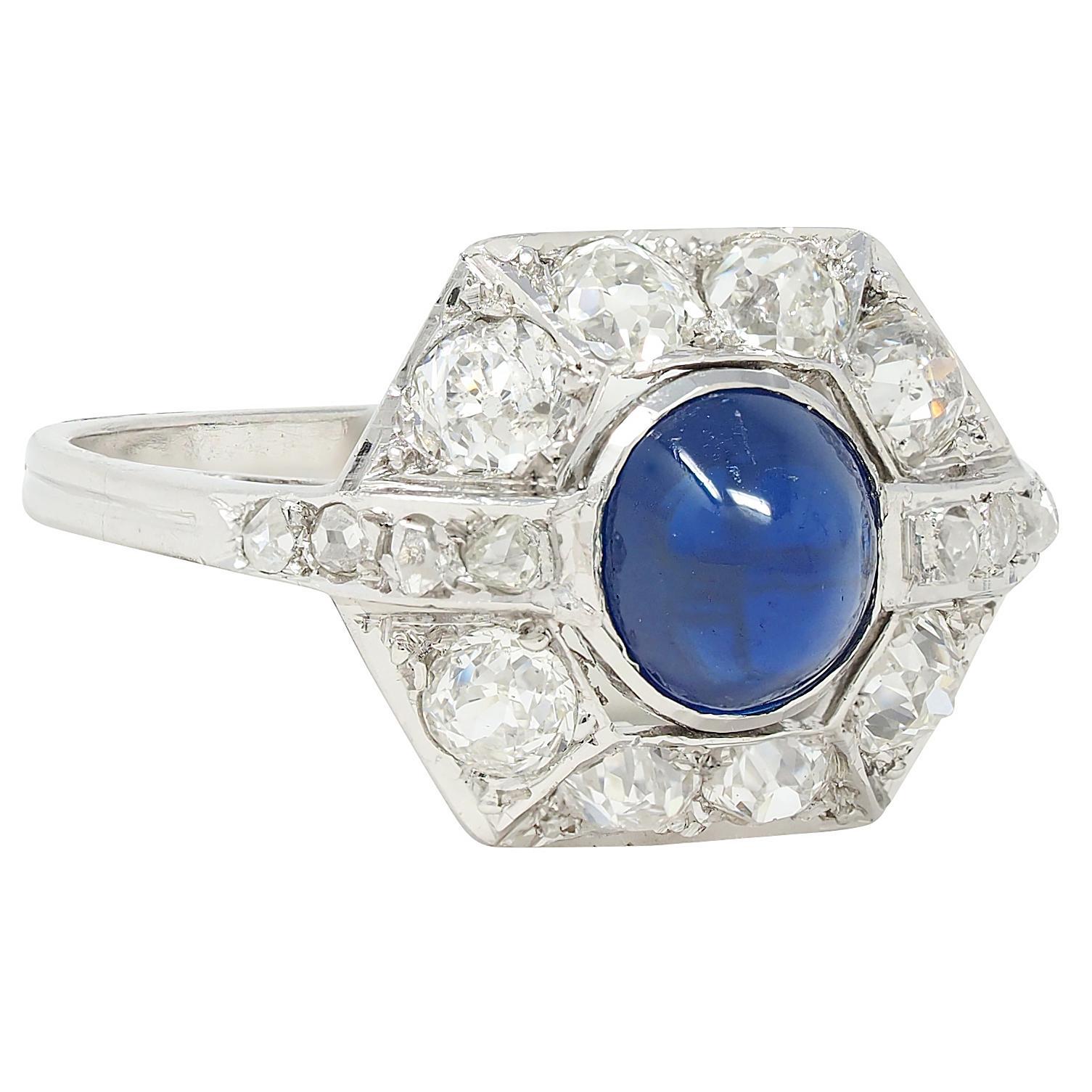Französischer Art Deco No Heat Saphir Diamant Platin Vintage Cluster Ring GIA (Art déco) im Angebot
