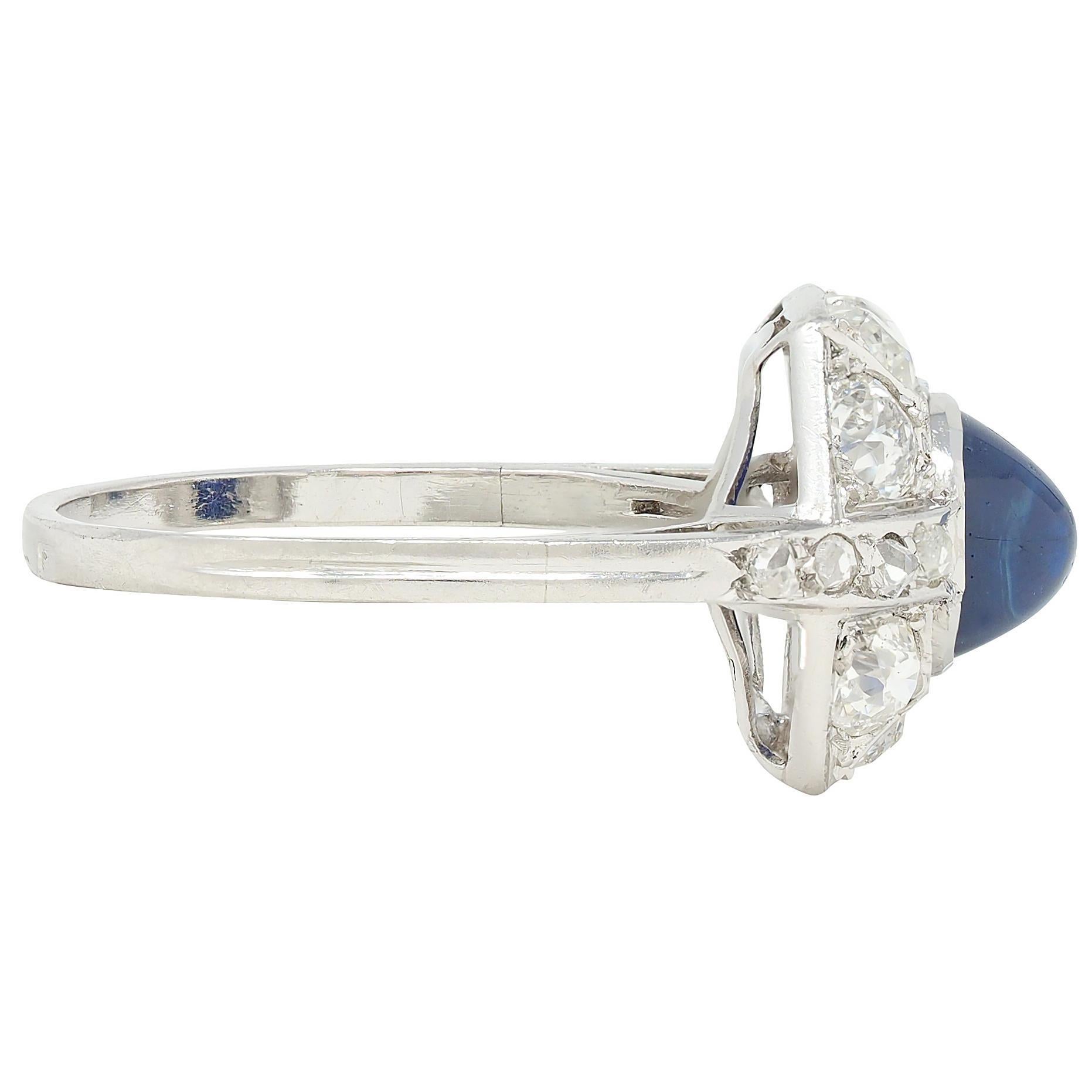Französischer Art Deco No Heat Saphir Diamant Platin Vintage Cluster Ring GIA (Kugelschliff) im Angebot