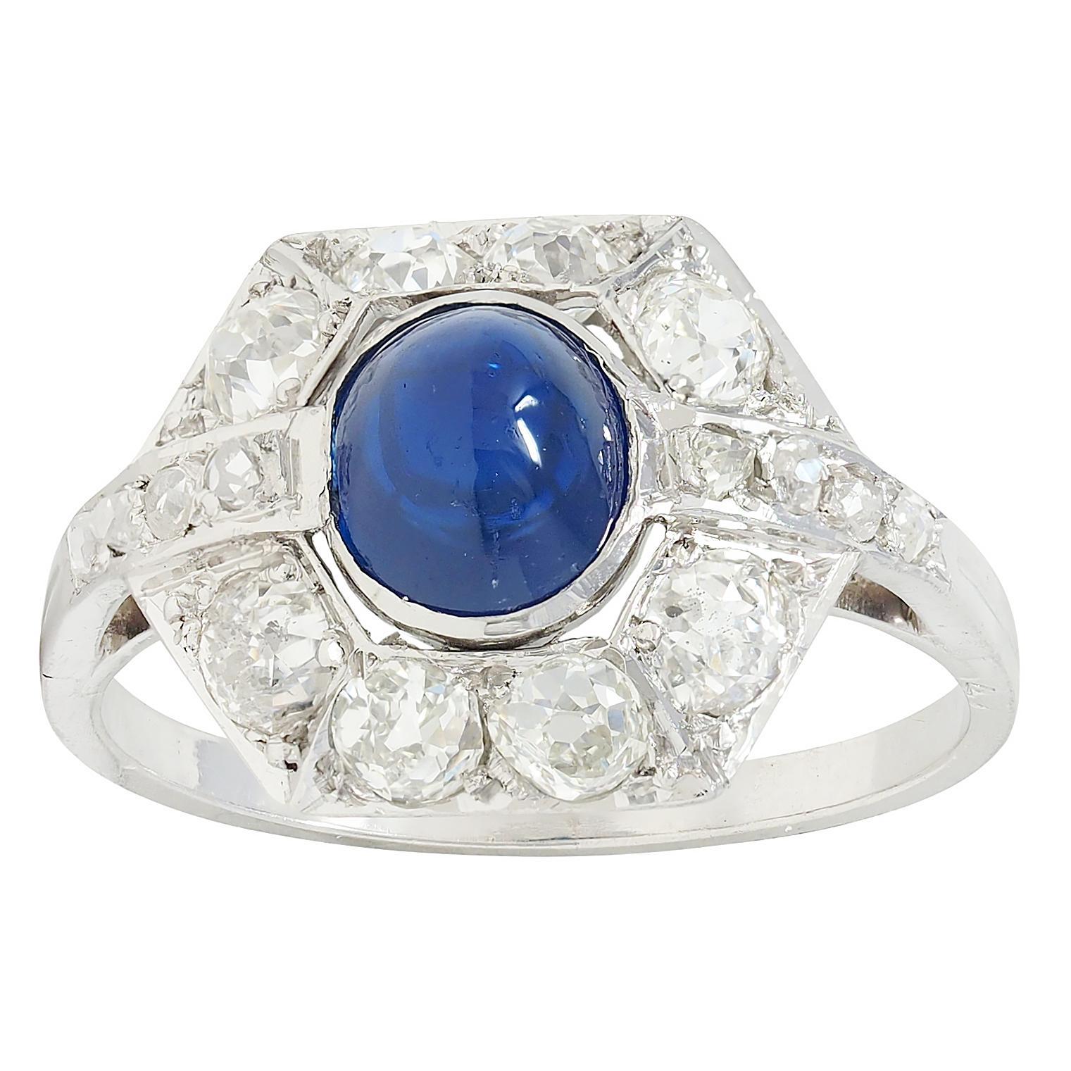 Französischer Art Deco No Heat Saphir Diamant Platin Vintage Cluster Ring GIA im Angebot 2