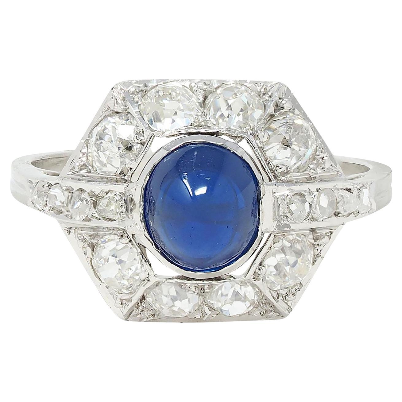 French Art Deco No Heat Sapphire Diamond Platinum Vintage Cluster Ring GIA