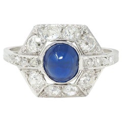 French Art Deco No Heat Sapphire Diamond Platinum Vintage Cluster Ring GIA