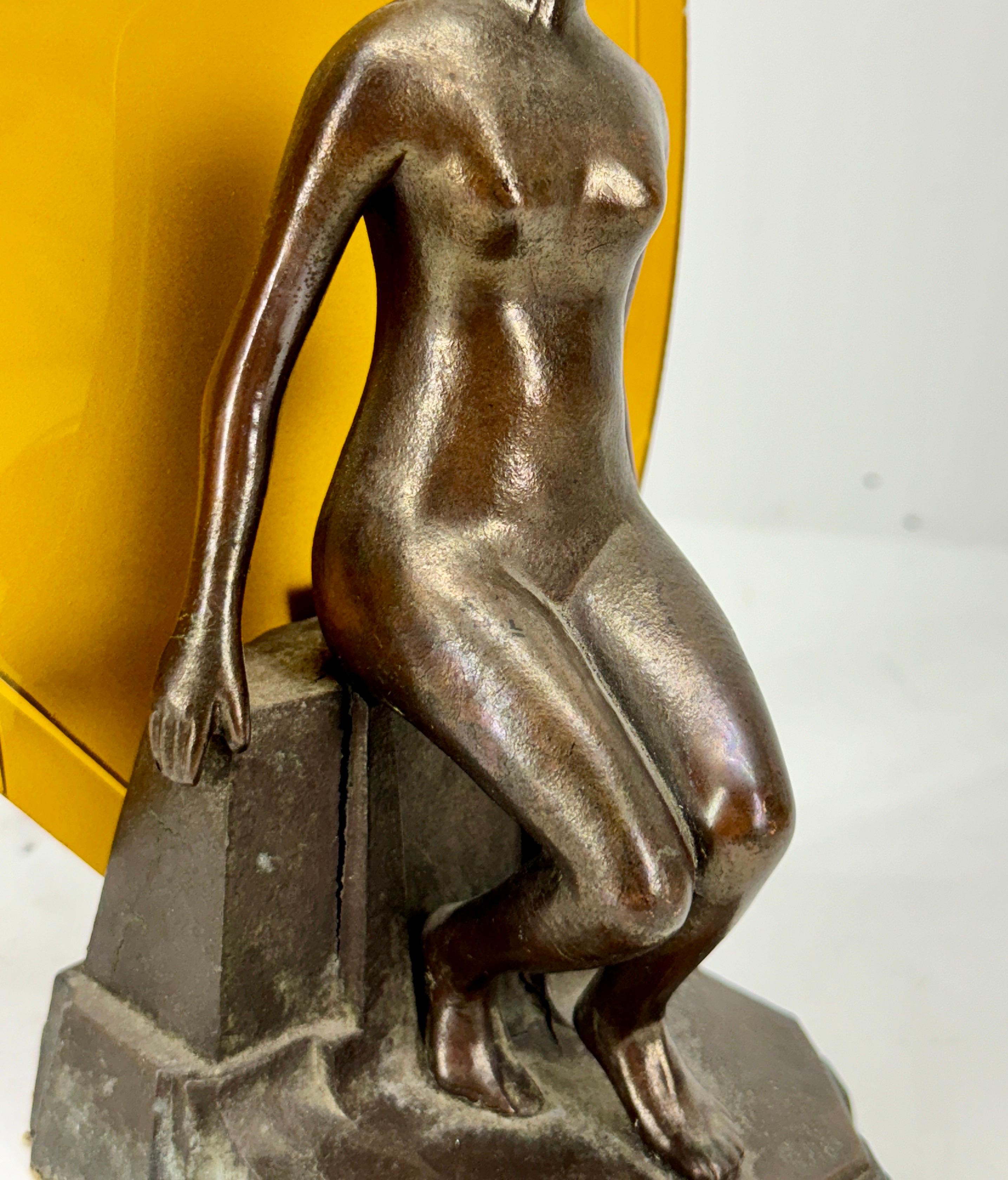 French Art Deco Nude Boudoir Lamp with Original Orange Glass, 1950’s For Sale 3