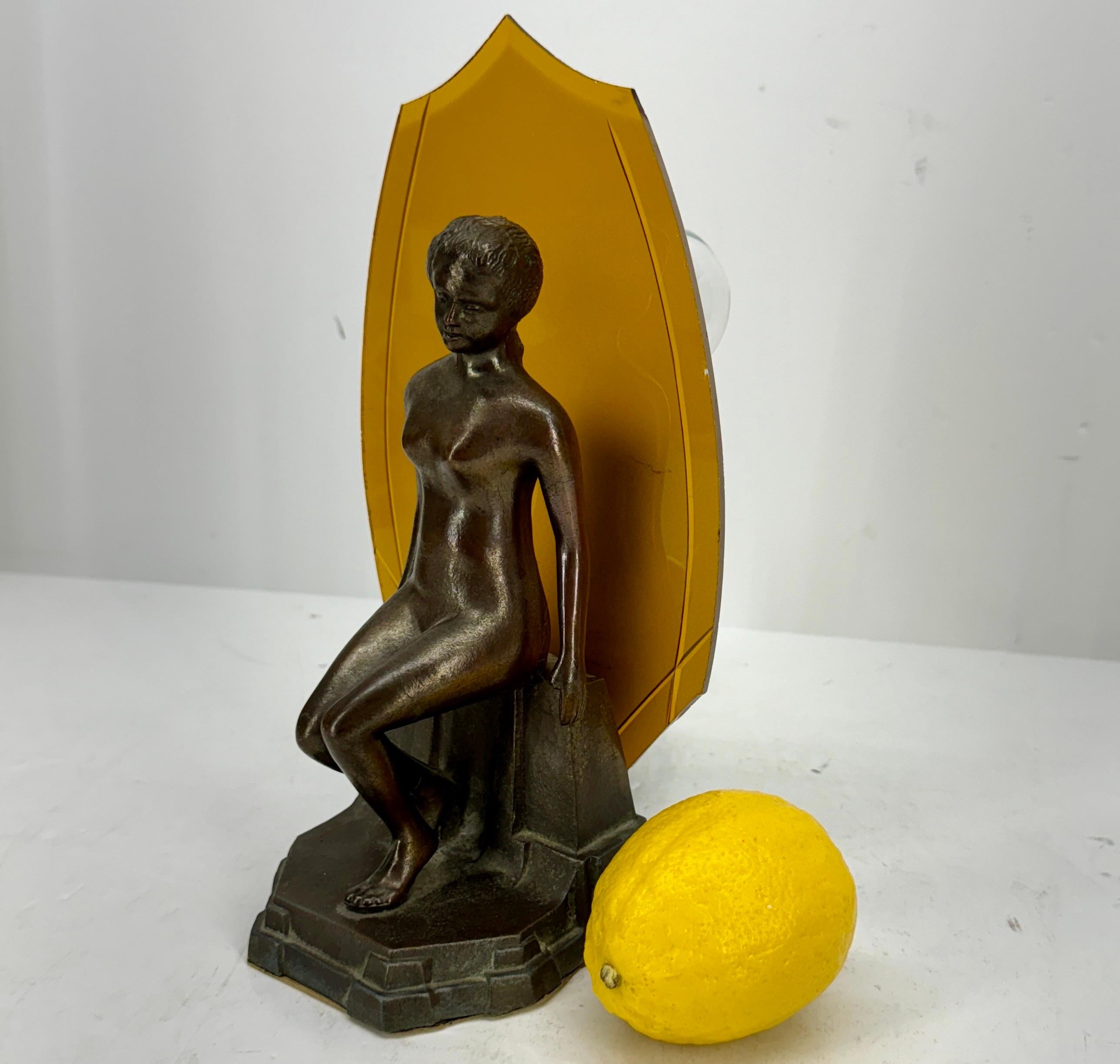 French Art Deco Nude Boudoir Lamp with Original Orange Glass, 1950’s For Sale 4