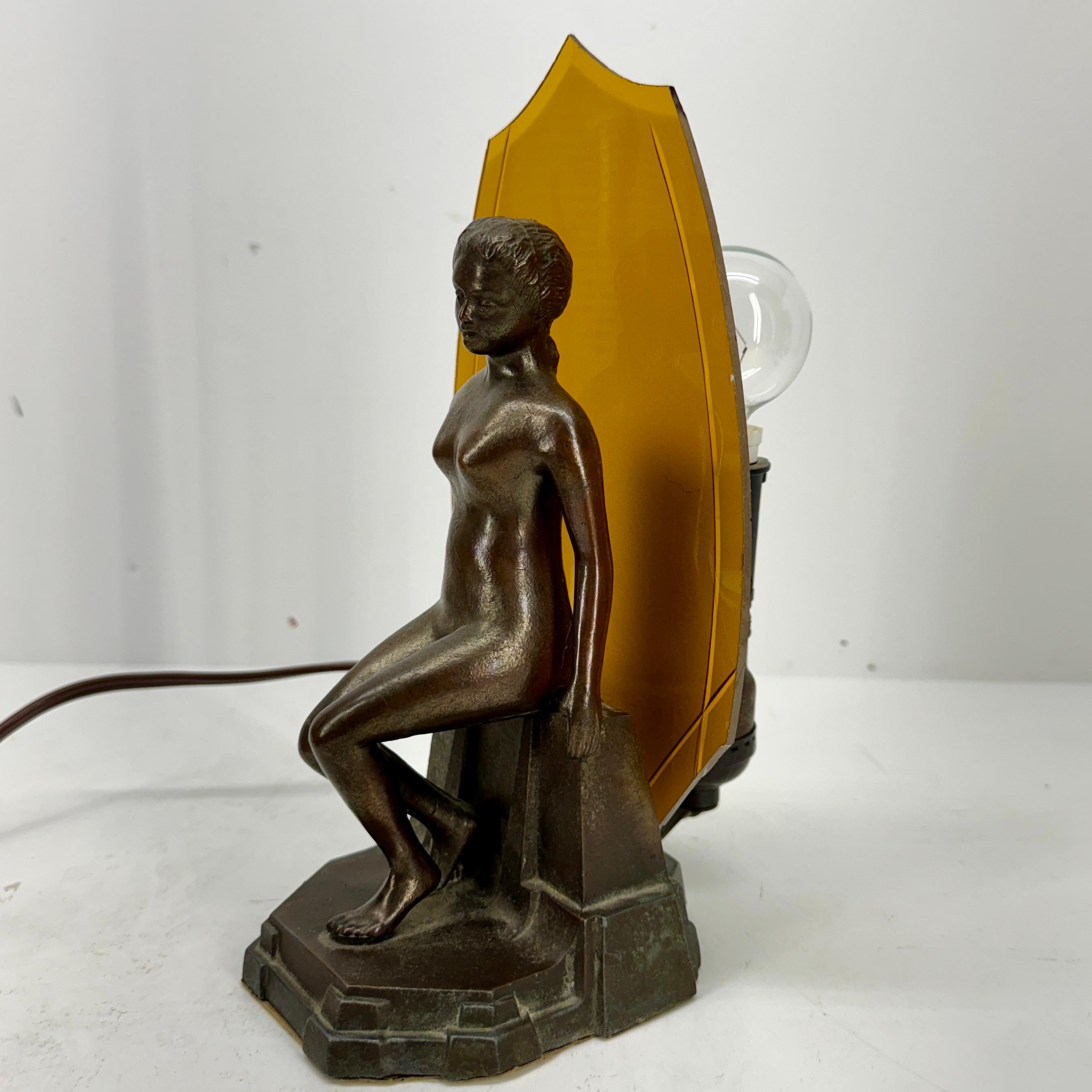 20th Century French Art Deco Nude Boudoir Lamp with Original Orange Glass, 1950’s For Sale