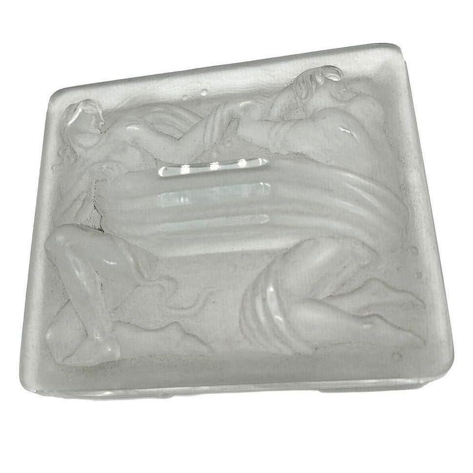 Early 20th Century French Art Deco Nude male/Female Satin Glass Jewelry Trinket Box by Lalique