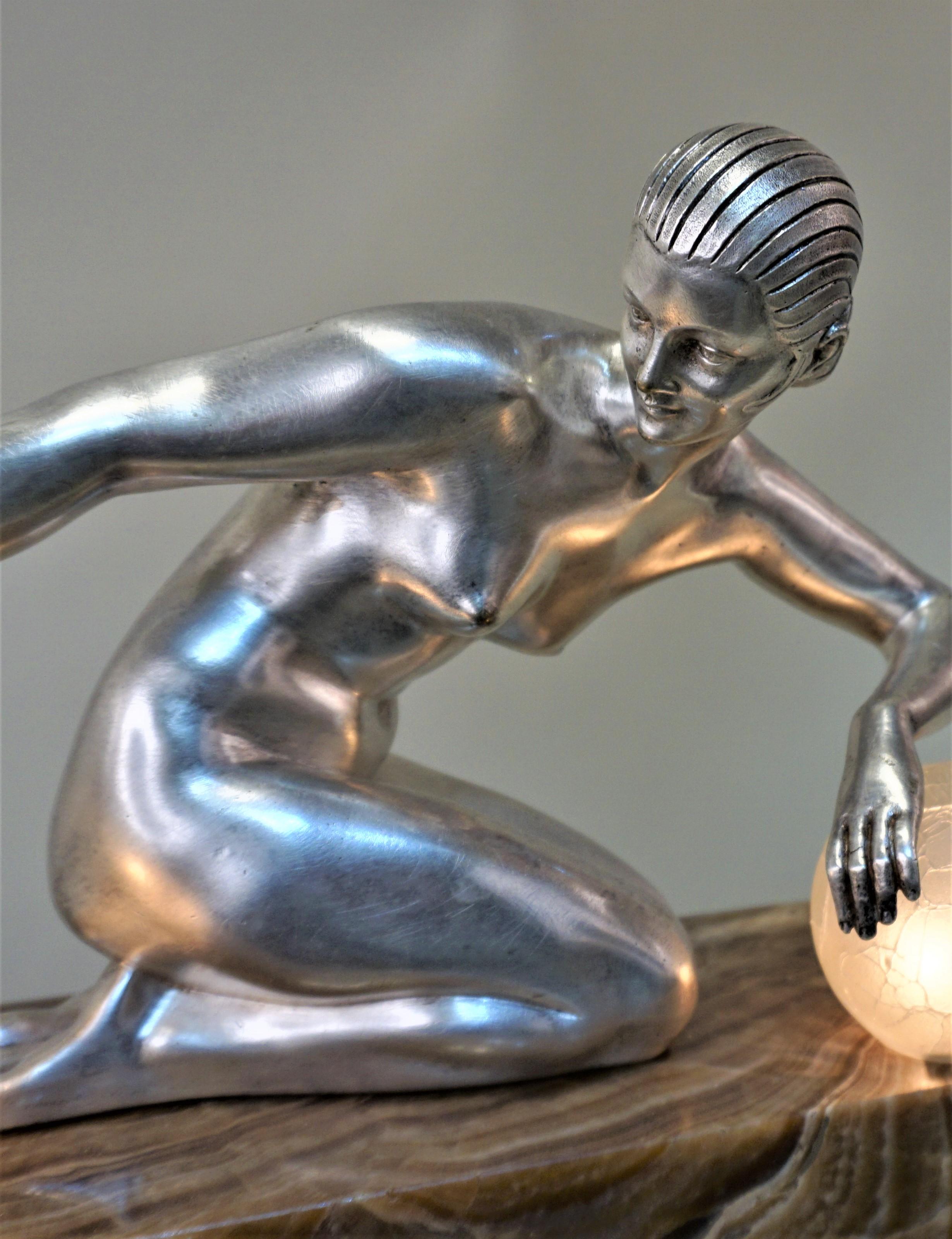 French Art Deco Nude Silver on Bronze Table Lamp by Gilbert In Good Condition In Fairfax, VA