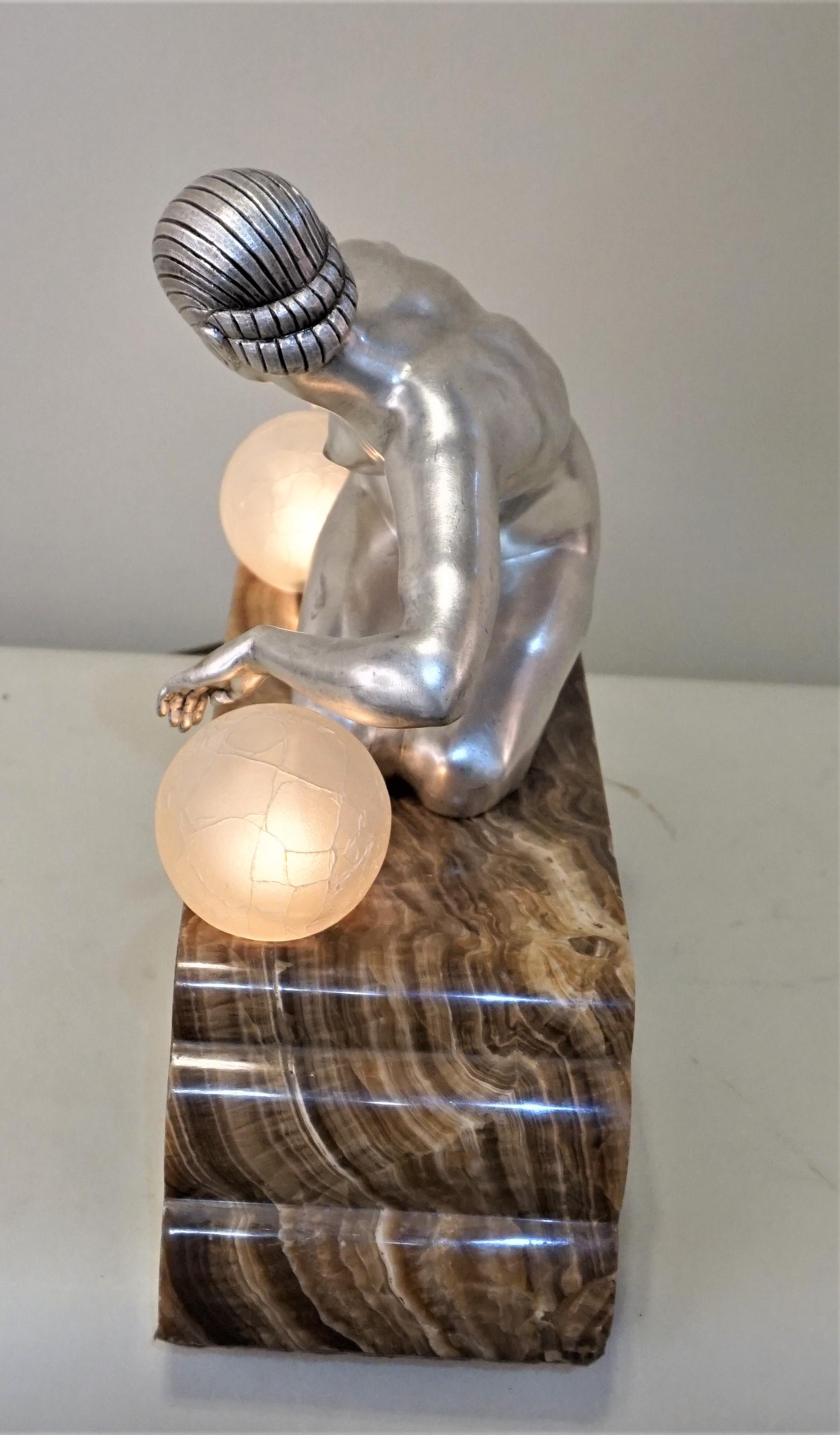 French Art Deco Nude Silver on Bronze Table Lamp by Gilbert 1