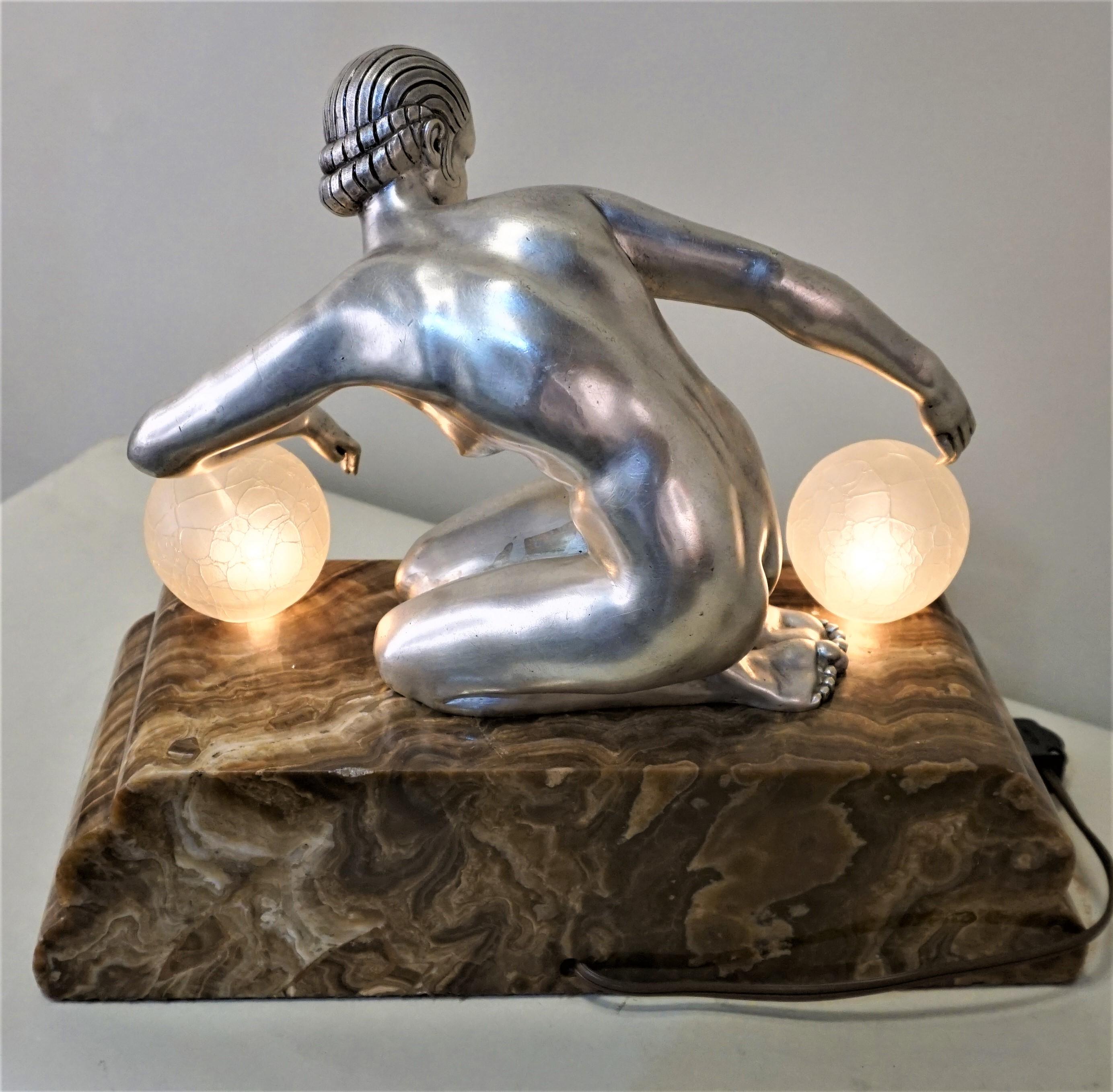 French Art Deco Nude Silver on Bronze Table Lamp by Gilbert 2