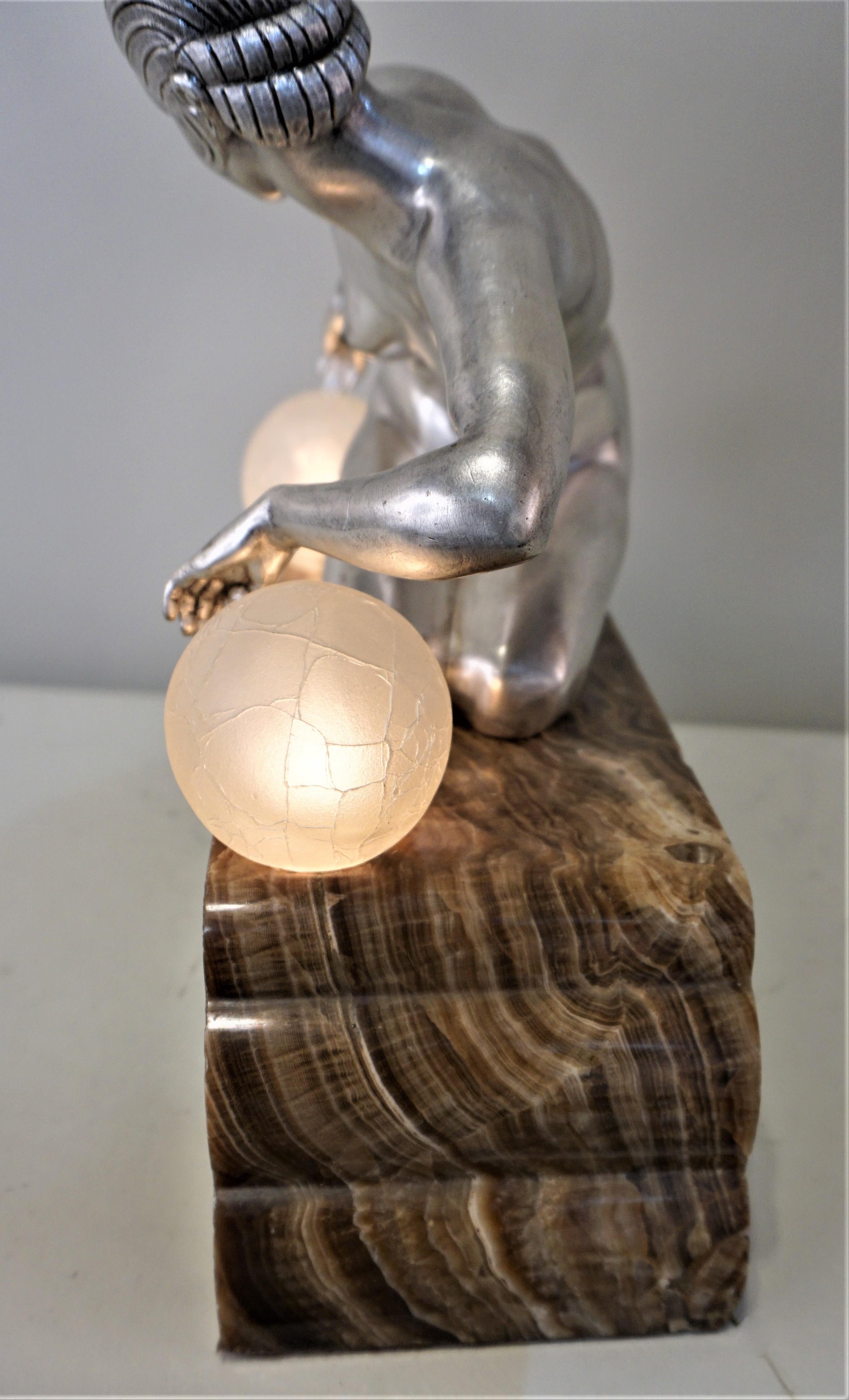 French Art Deco Nude Silver on Bronze Table Lamp by Gilbert 3