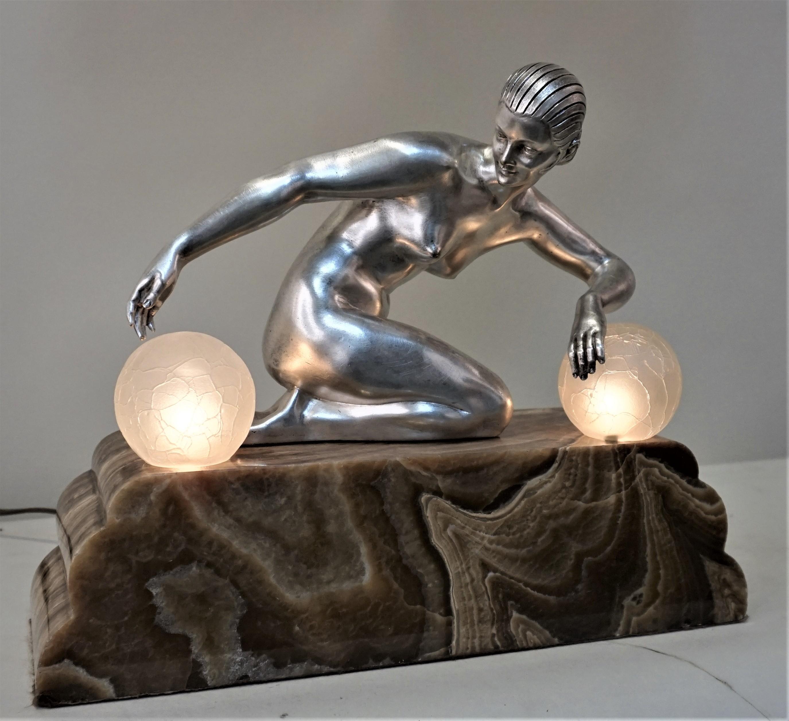 French Art Deco Nude Silver on Bronze Table Lamp by Gilbert 4