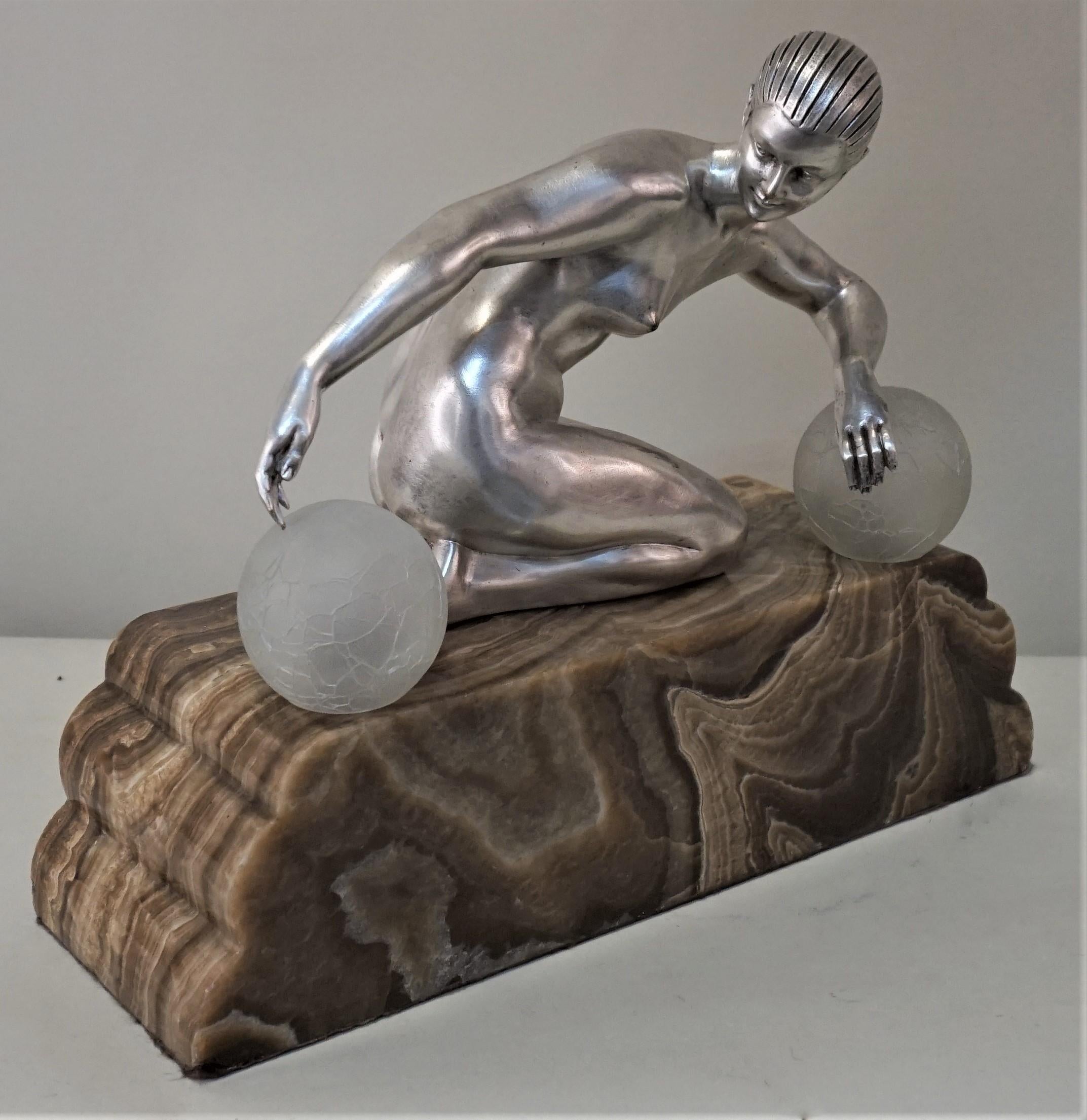 French Art Deco Nude Silver on Bronze Table Lamp by Gilbert 5