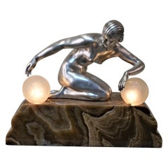 French Art Deco Nude Silver on Bronze Table Lamp by Gilbert