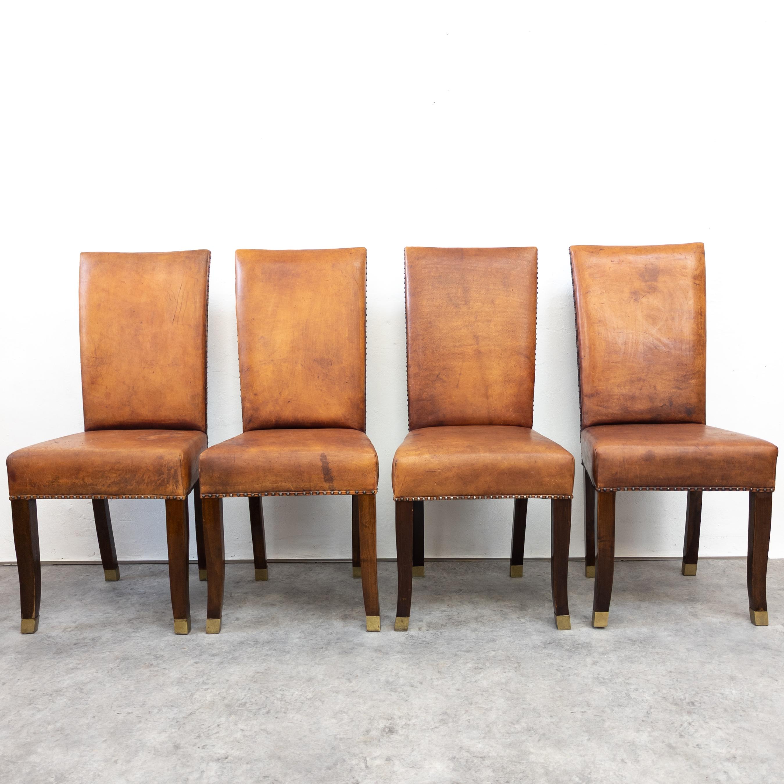 French Art Deco Oak and Leather High Back Chairs In Good Condition In PRAHA 5, CZ