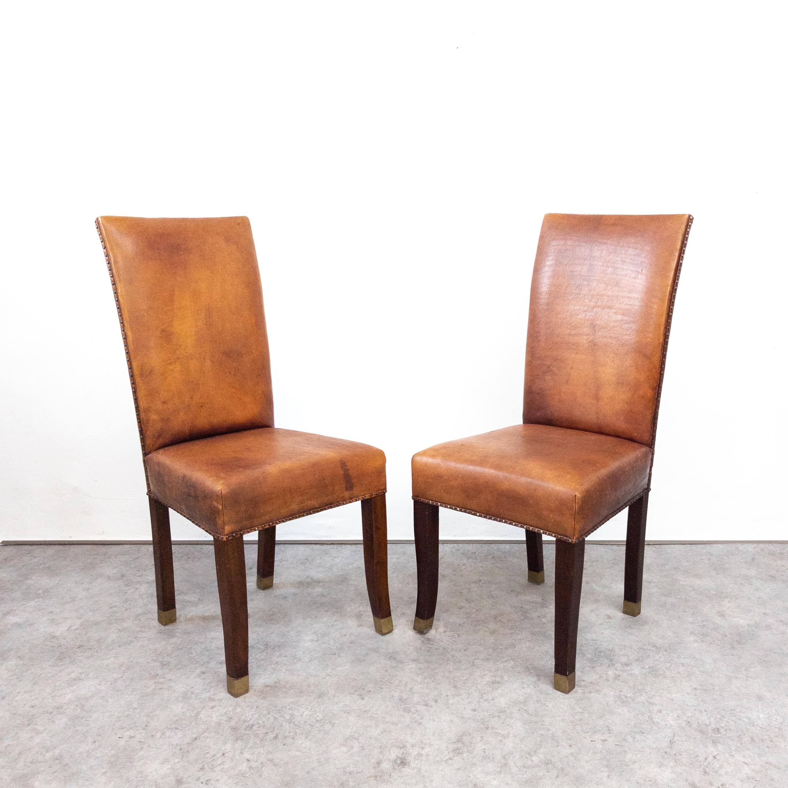 Mid-20th Century French Art Deco Oak and Leather High Back Chairs