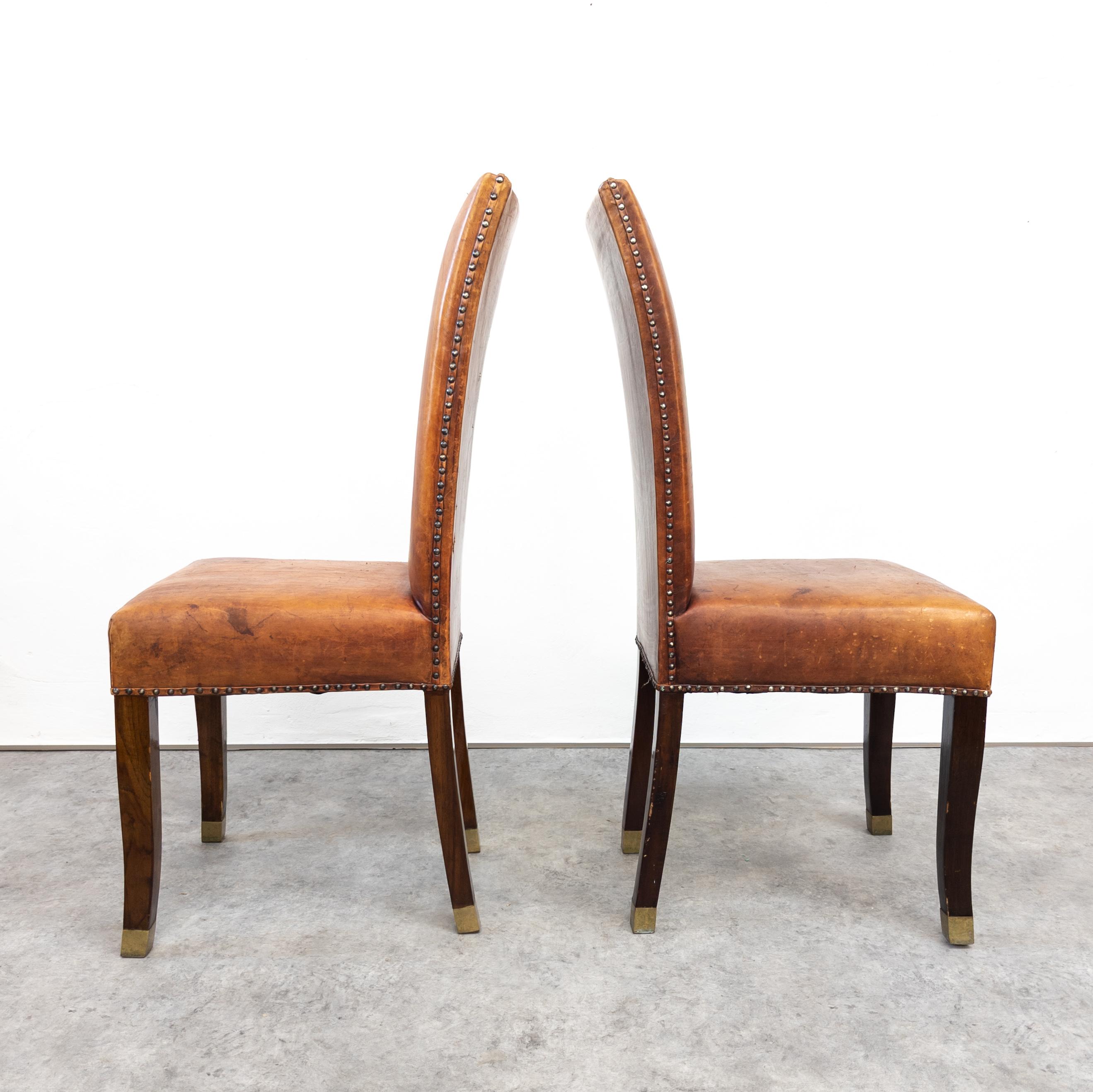 French Art Deco Oak and Leather High Back Chairs 1