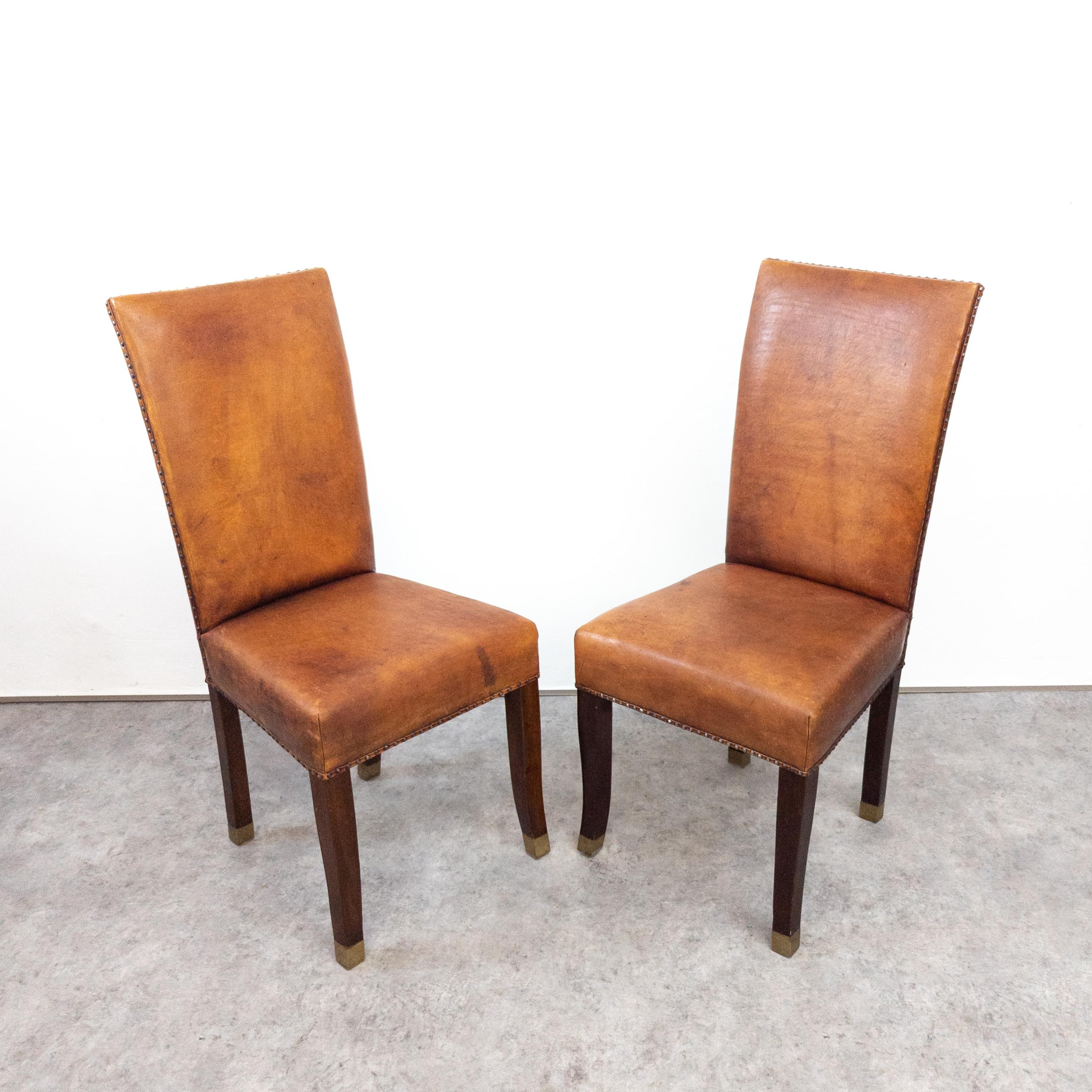 French Art Deco Oak and Leather High Back Chairs 2