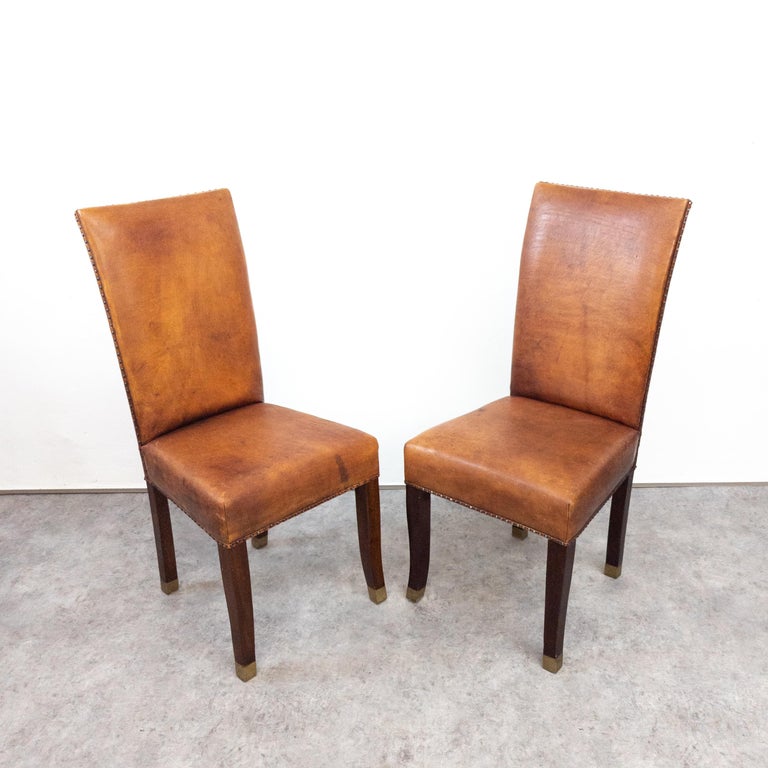 French Art Deco Oak and Leather High Back Chairs For Sale at 1stDibs