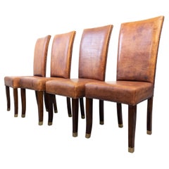 French Art Deco Oak and Leather High Back Chairs