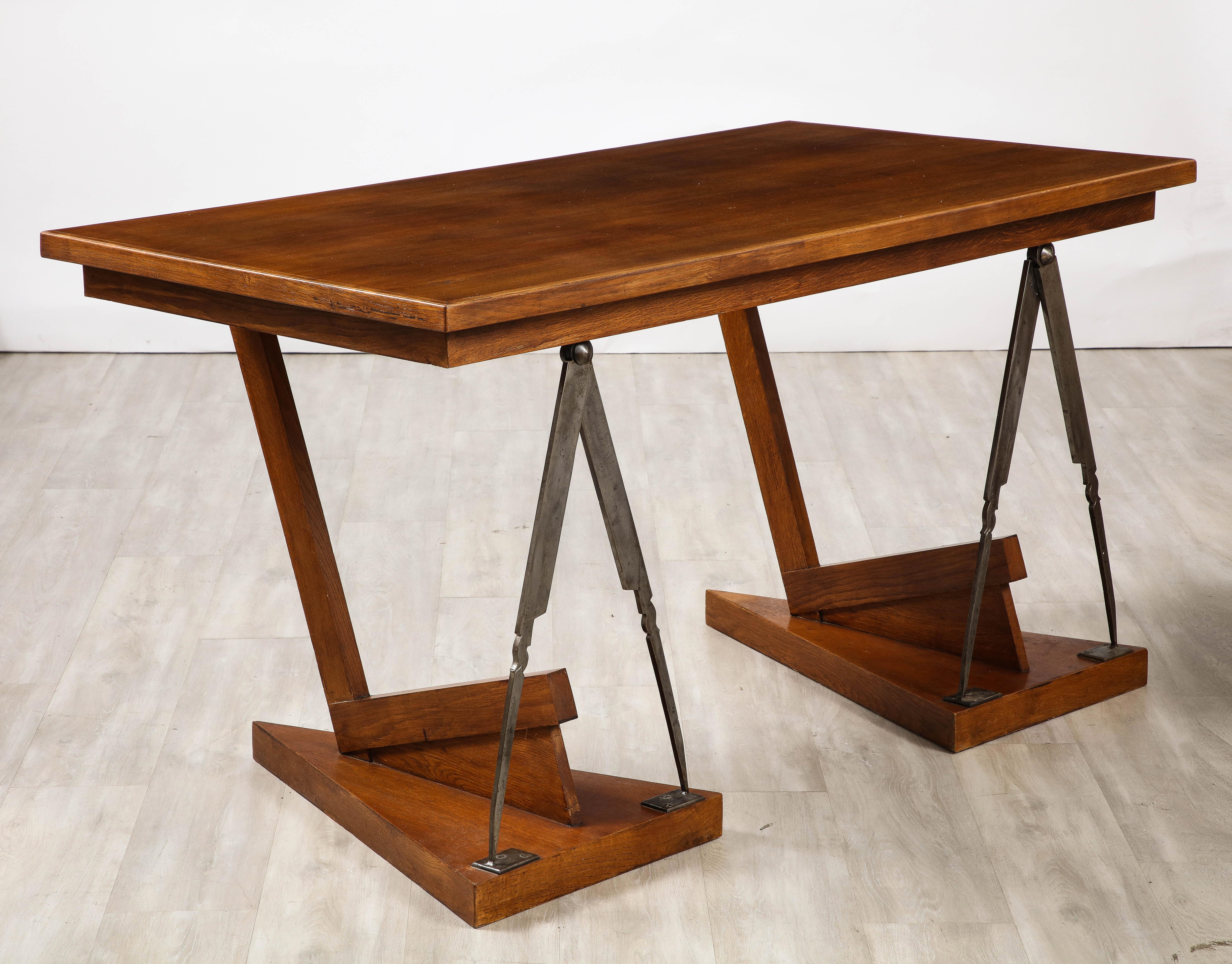 French Art Deco Oak and Steel Writing Table Desk, France, circa 1930  For Sale 9