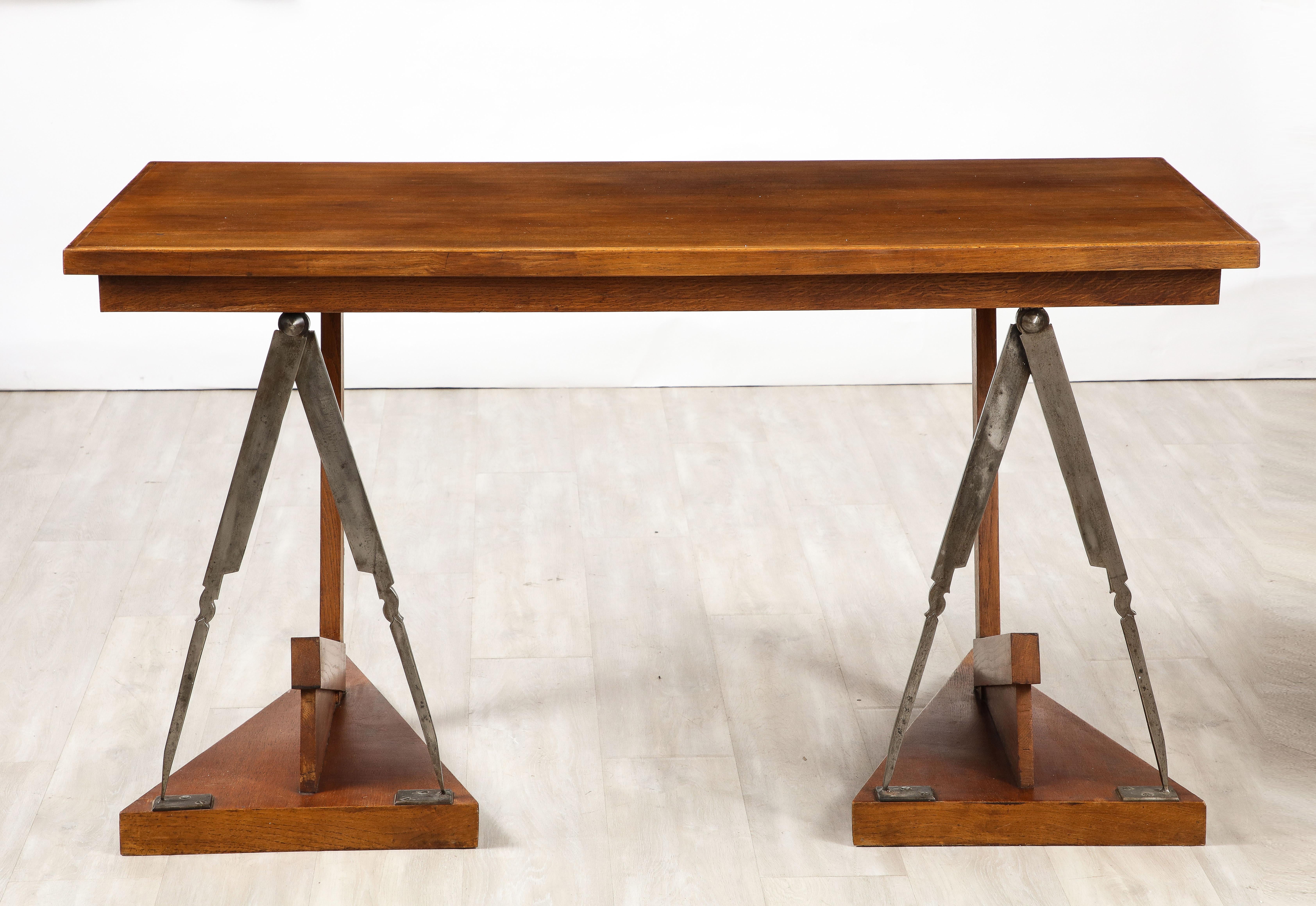 French Art Deco Oak and Steel Writing Table Desk, France, circa 1930  For Sale 10
