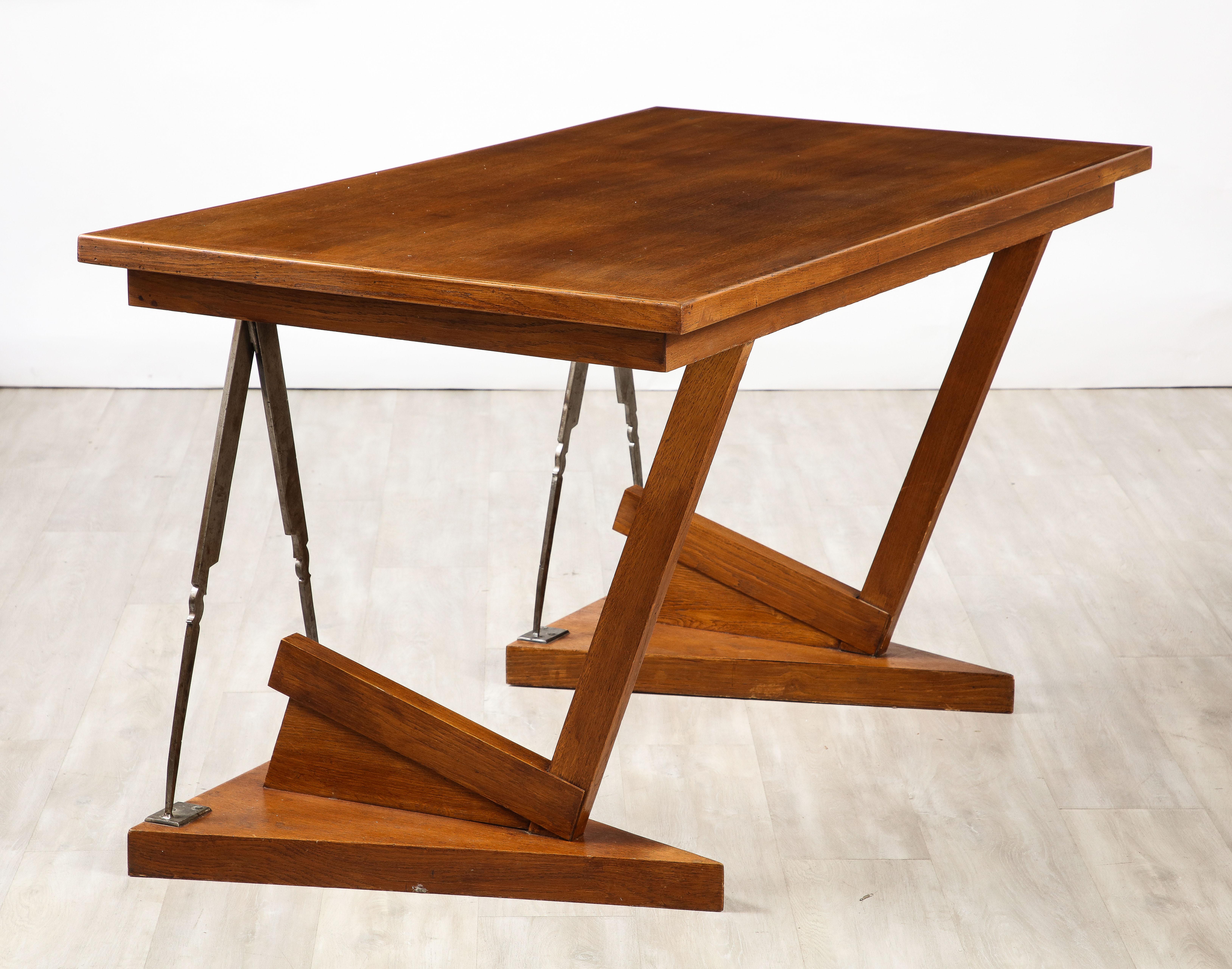 French Art Deco Oak and Steel Writing Table Desk, France, circa 1930  For Sale 13