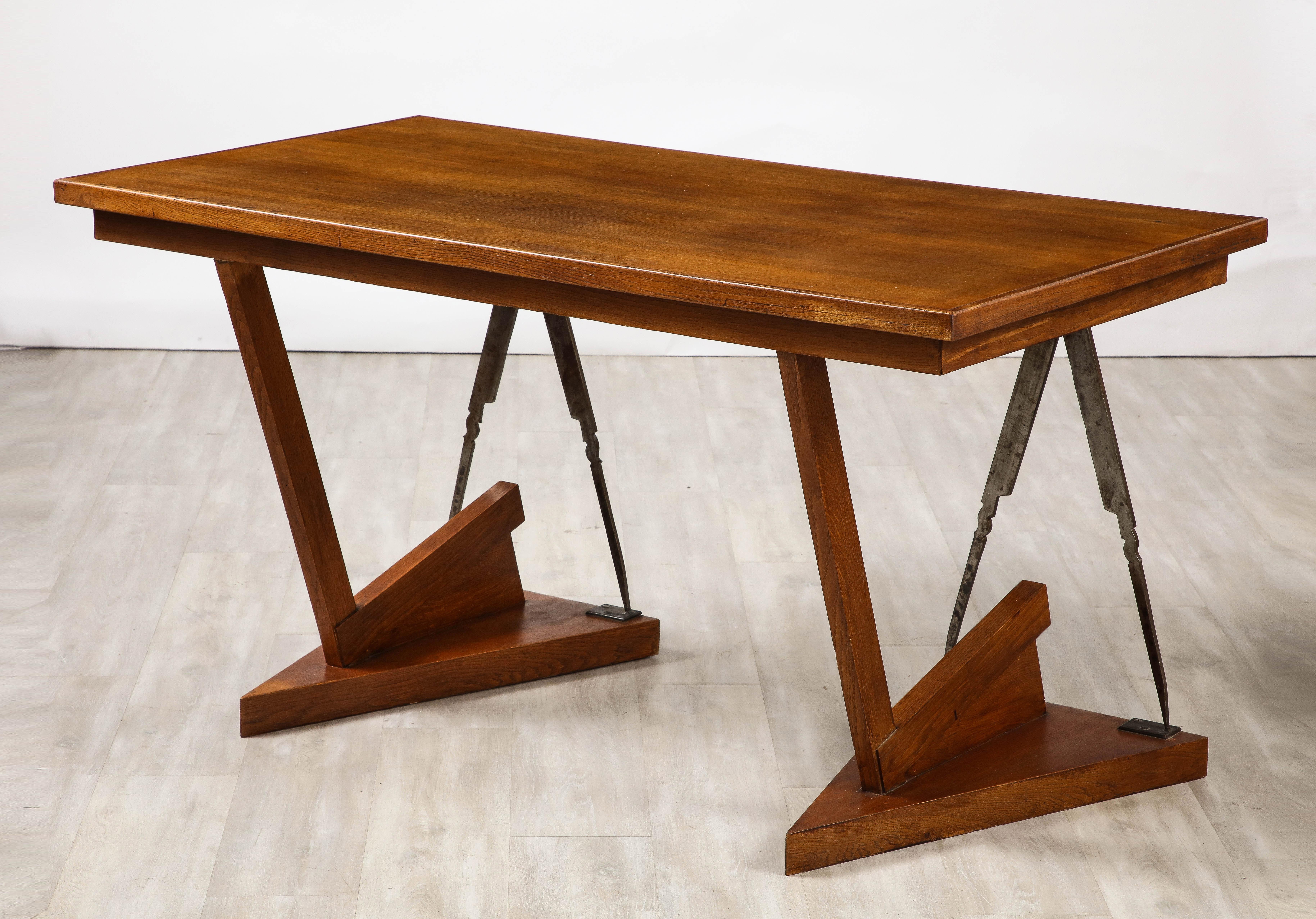 French Art Deco Oak and Steel Writing Table Desk, France, circa 1930  For Sale 3