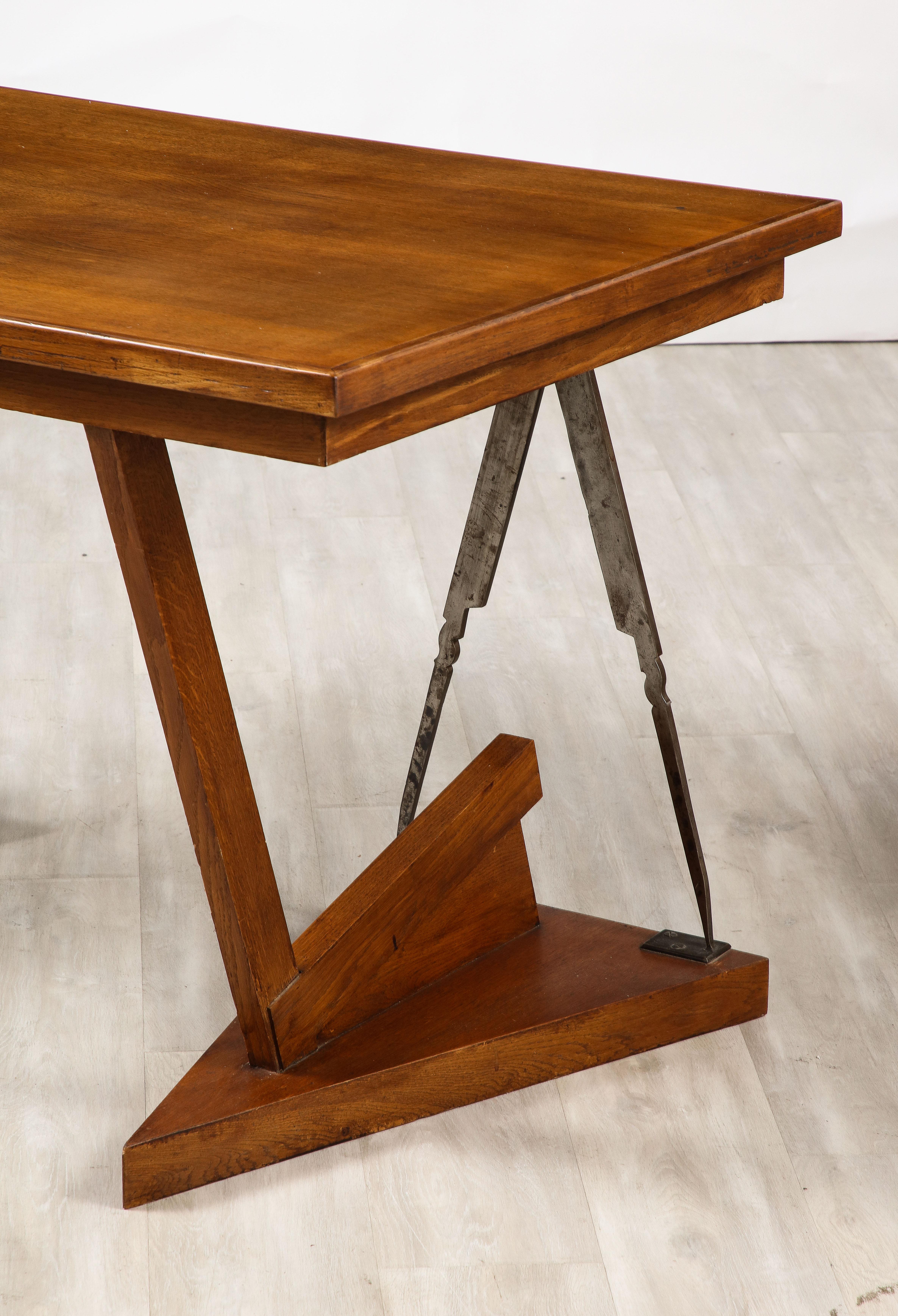 French Art Deco Oak and Steel Writing Table Desk, France, circa 1930  For Sale 4