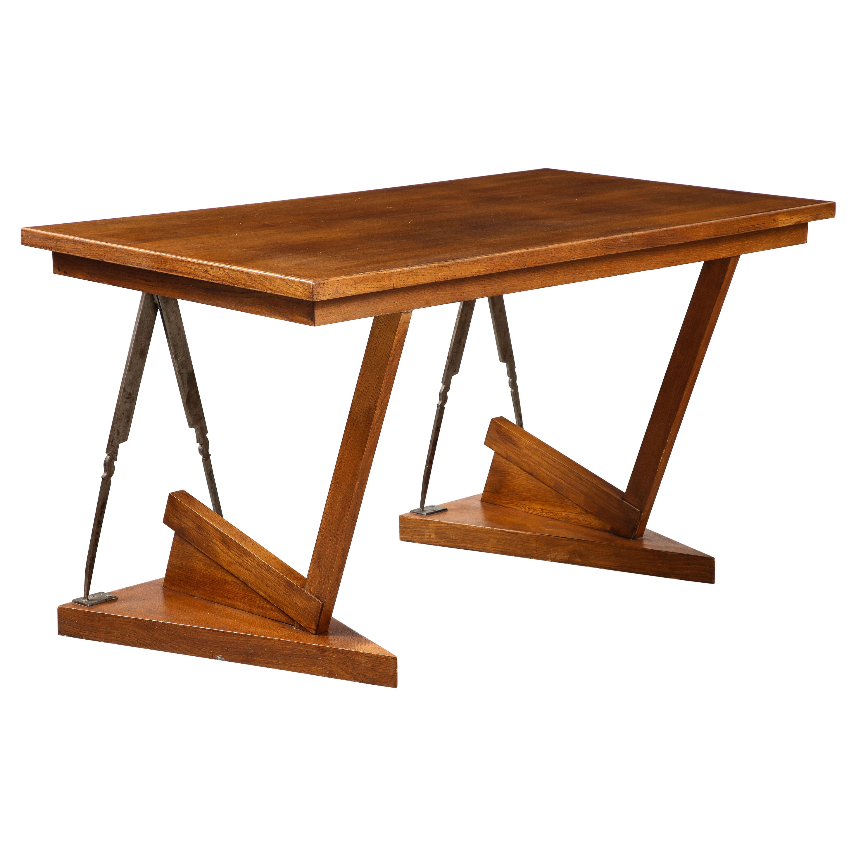 French Art Deco Oak and Steel Writing Table Desk, France, circa 1930