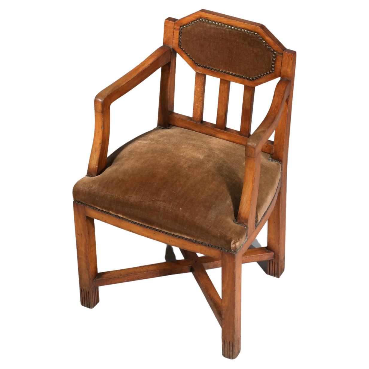 Fauteuil Art Déco français en chêne et velours marron - F750