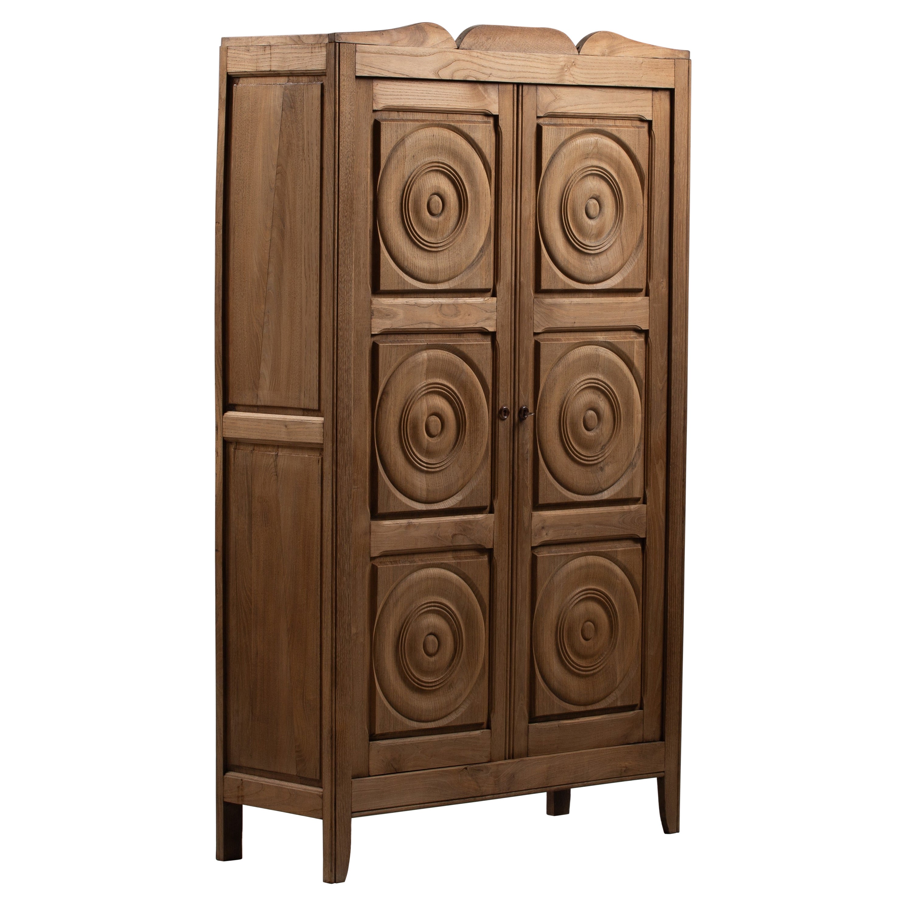 French Art Deco Oak Armoire with Carved Rosette Panels, 1950s