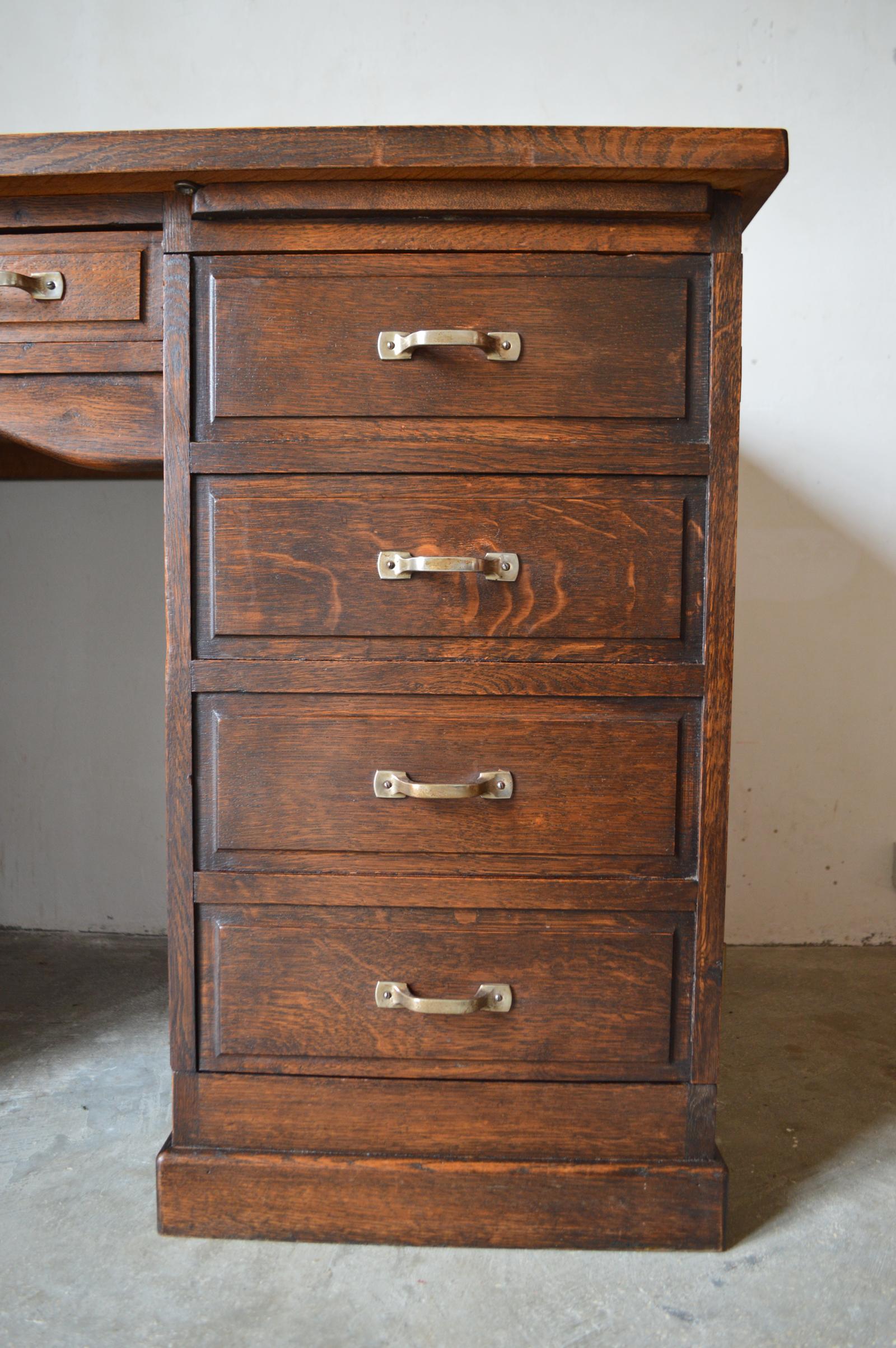 Brass French Art Deco Oak Desk with a Unusual Closing System by Securitas, circa 1925