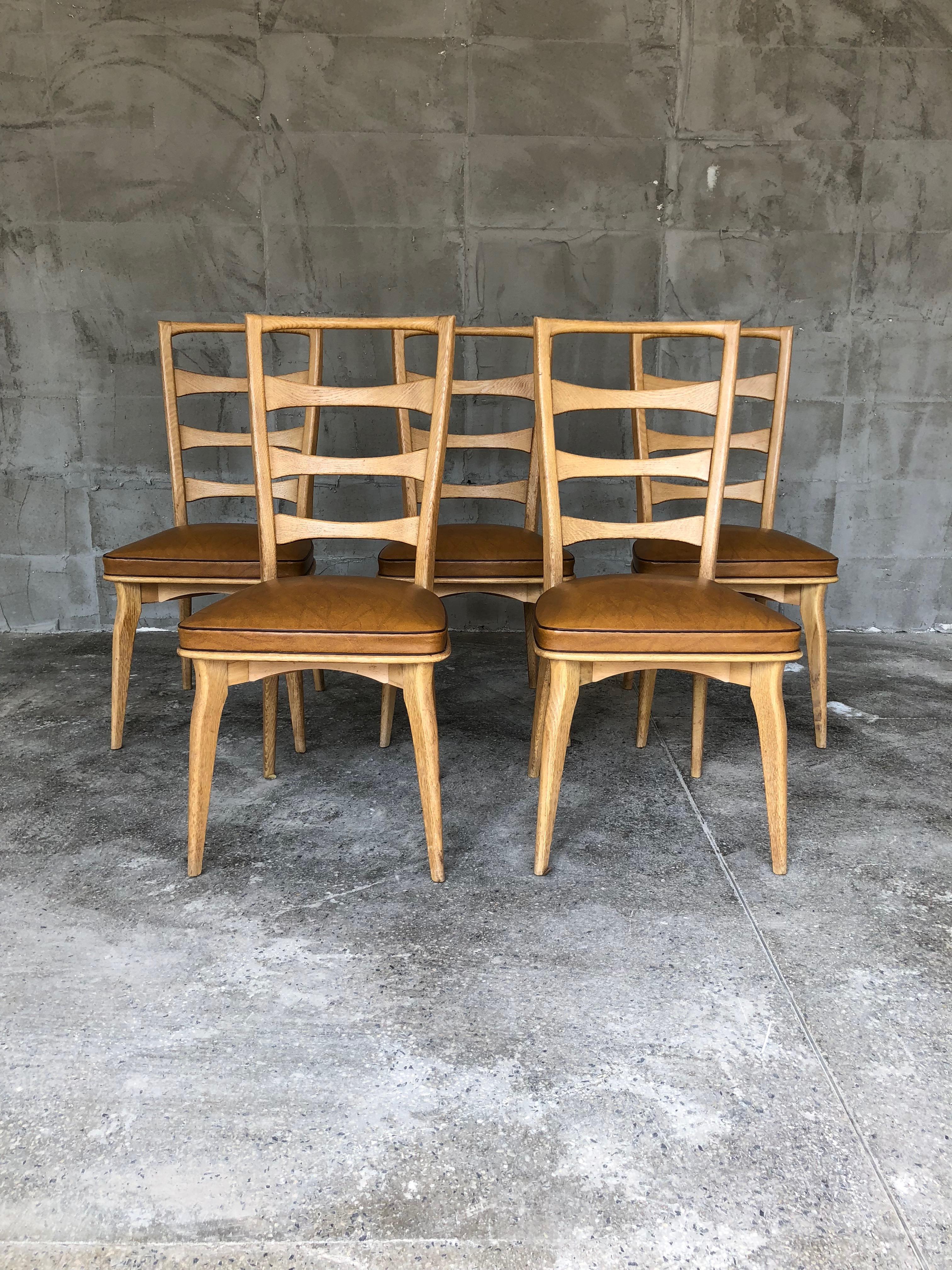 French Art Deco Oak Dining Chairs by Gaston Poisson, Set of Five In Good Condition For Sale In Sofia, BG