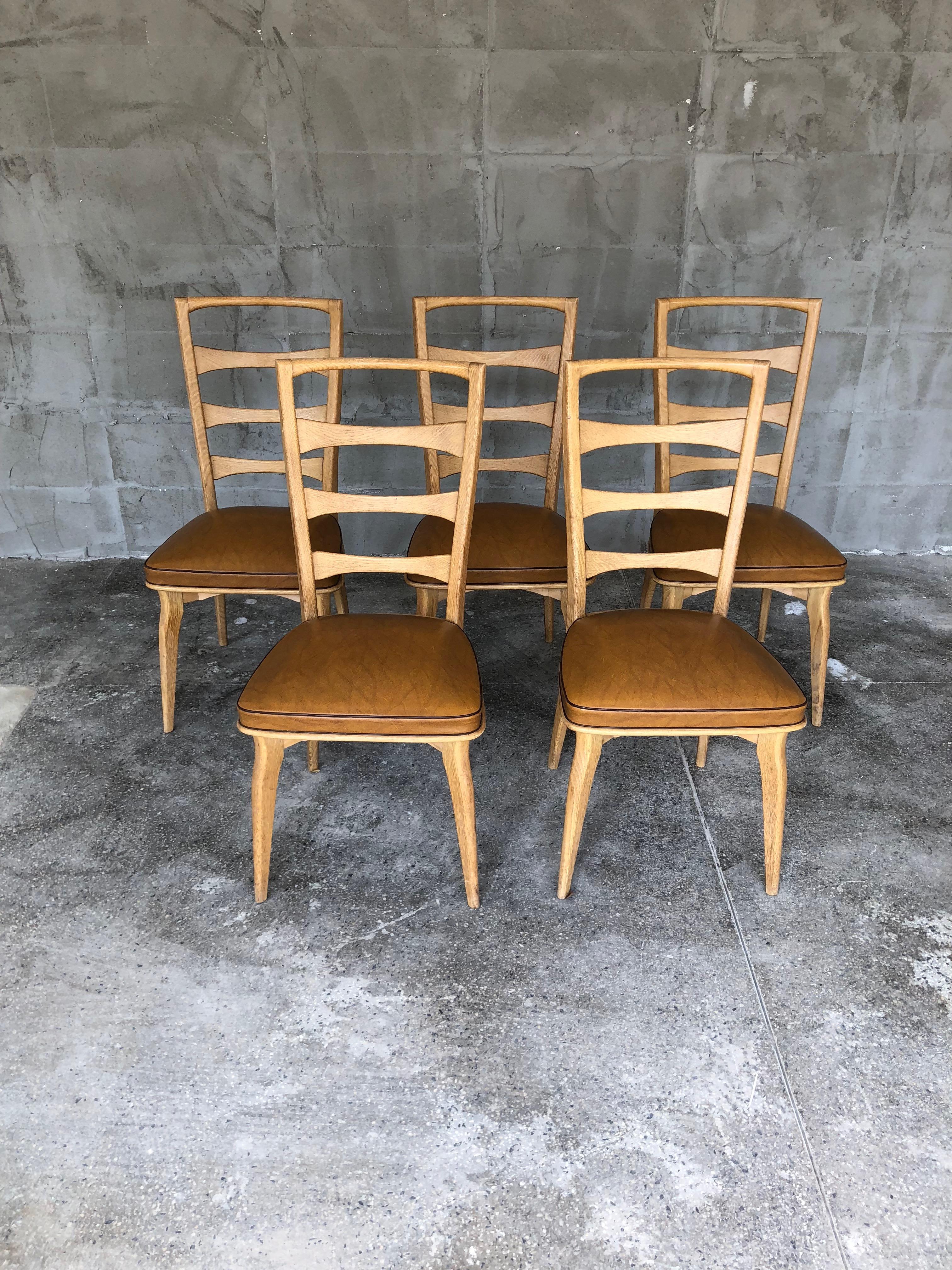 Mid-20th Century French Art Deco Oak Dining Chairs by Gaston Poisson, Set of Five For Sale