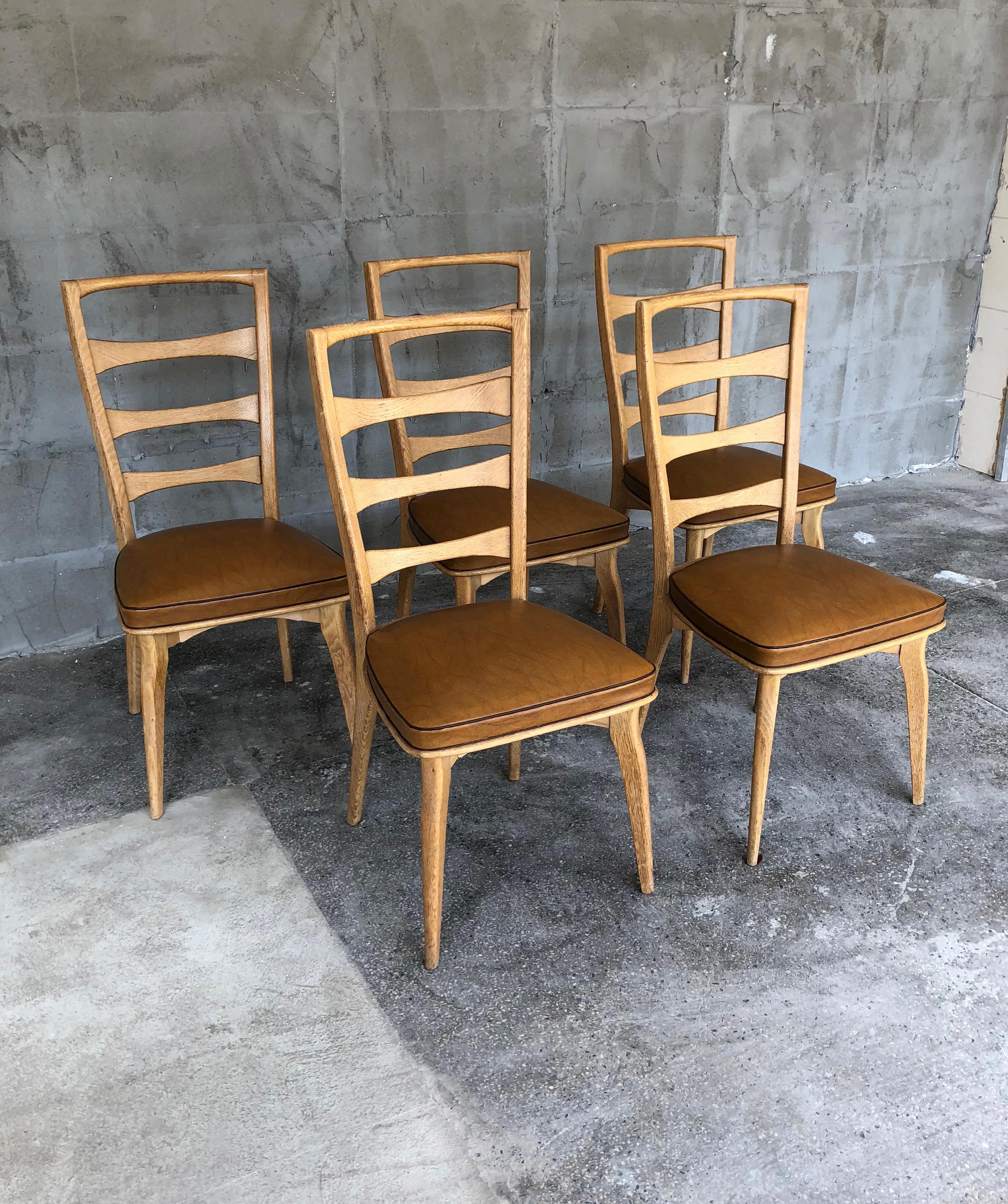 French Art Deco Oak Dining Chairs by Gaston Poisson, Set of Five For Sale 1