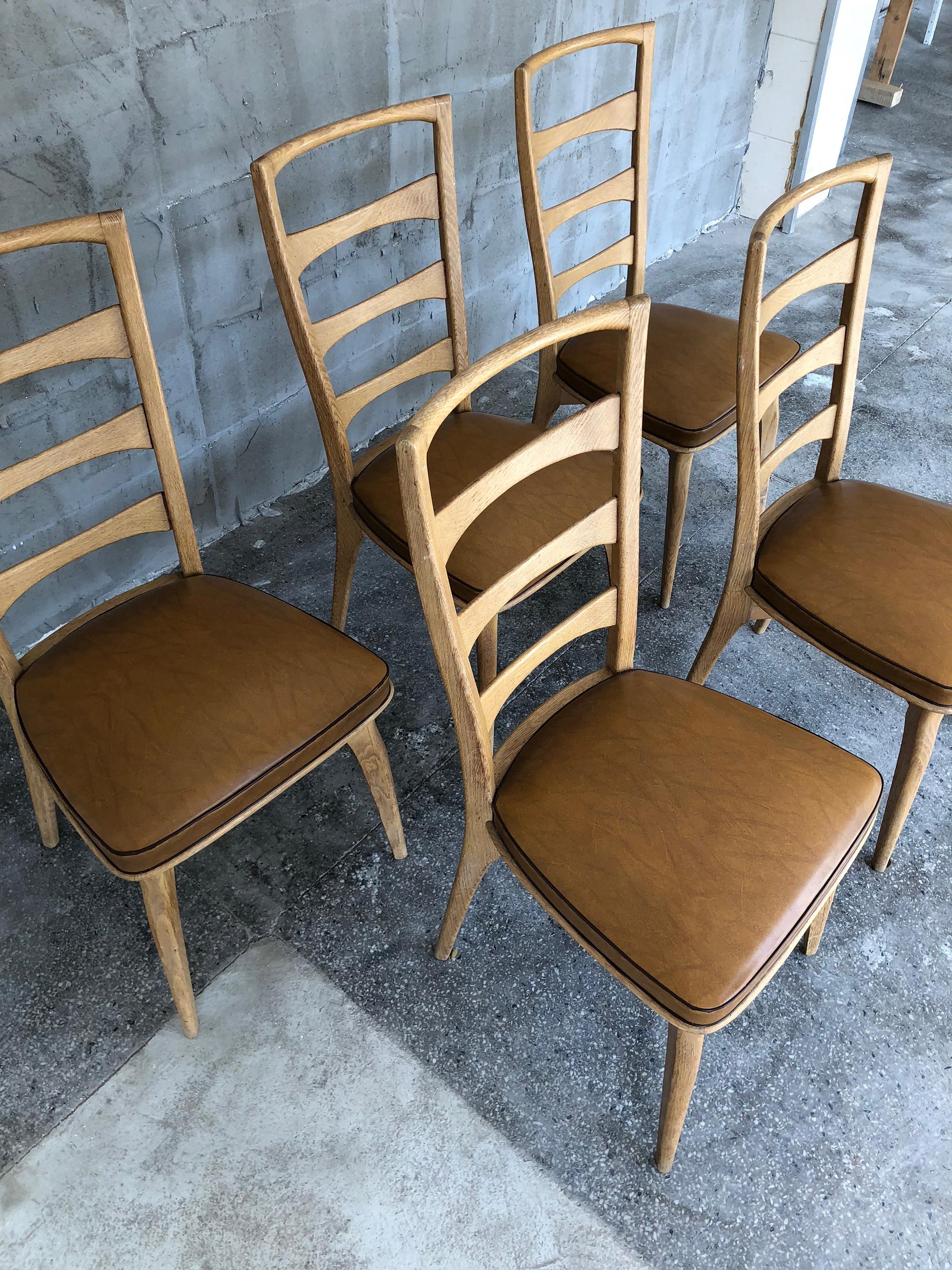 French Art Deco Oak Dining Chairs by Gaston Poisson, Set of Five For Sale 2