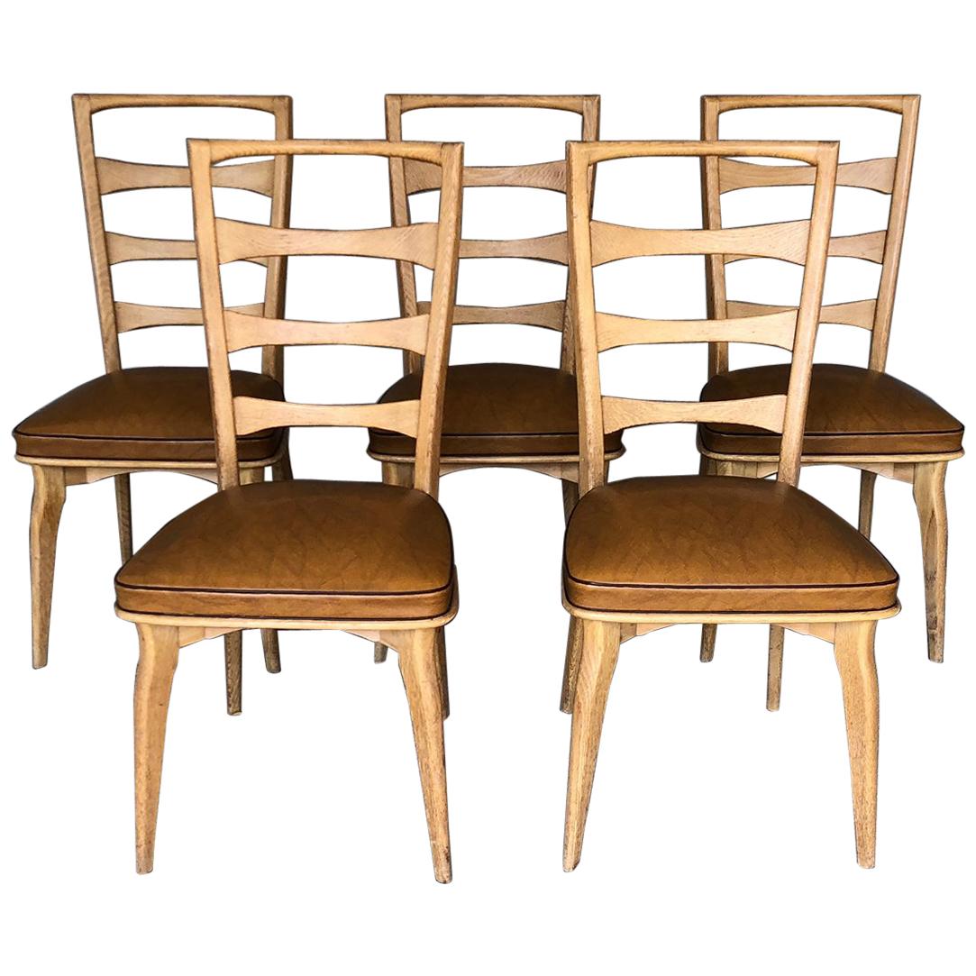 French Art Deco Oak Dining Chairs by Gaston Poisson, Set of Five For Sale