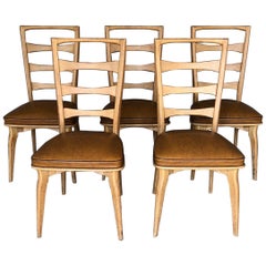 French Art Deco Oak Dining Chairs by Gaston Poisson, Set of Five