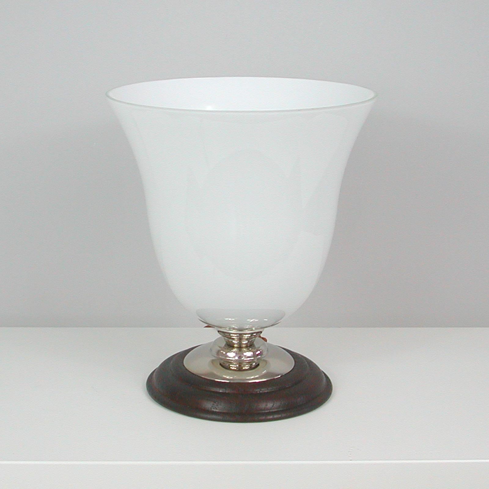 Opaline Glass French Art Deco Oak, Nickel & Opaline Mazda Style Table Lamp, 1940s