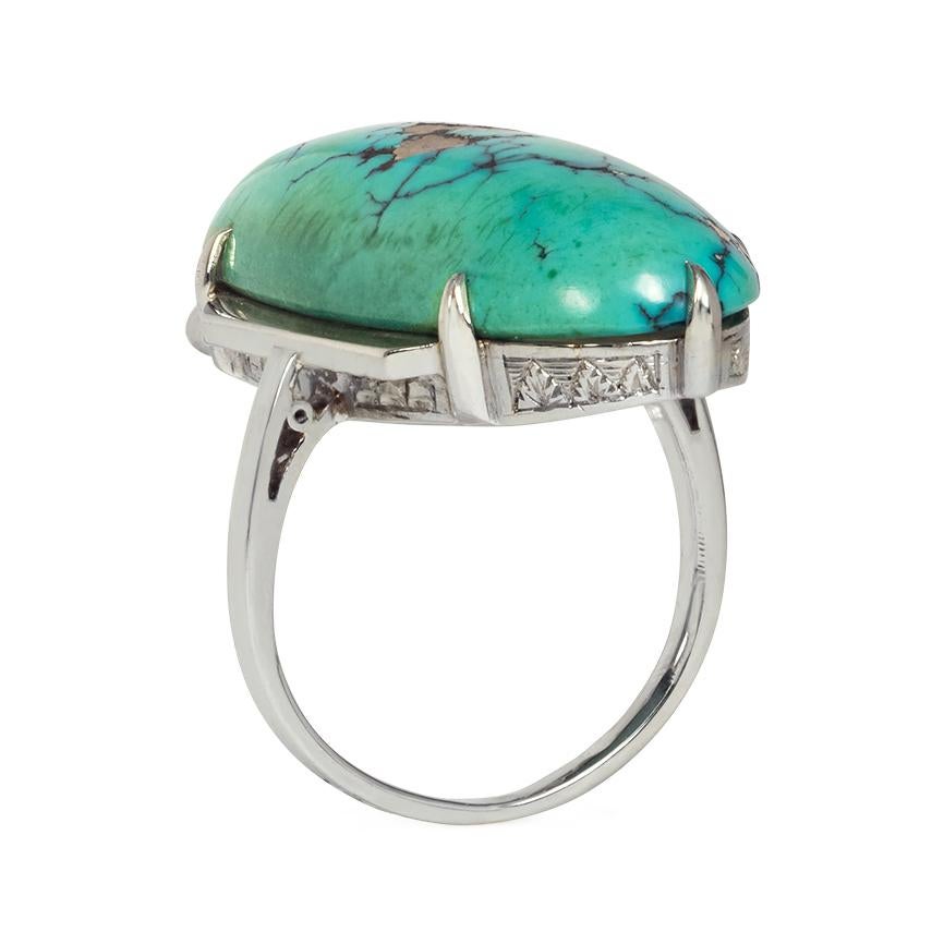 Oval Cut French Art Deco Oblong Turquoise and White Gold Ring For Sale